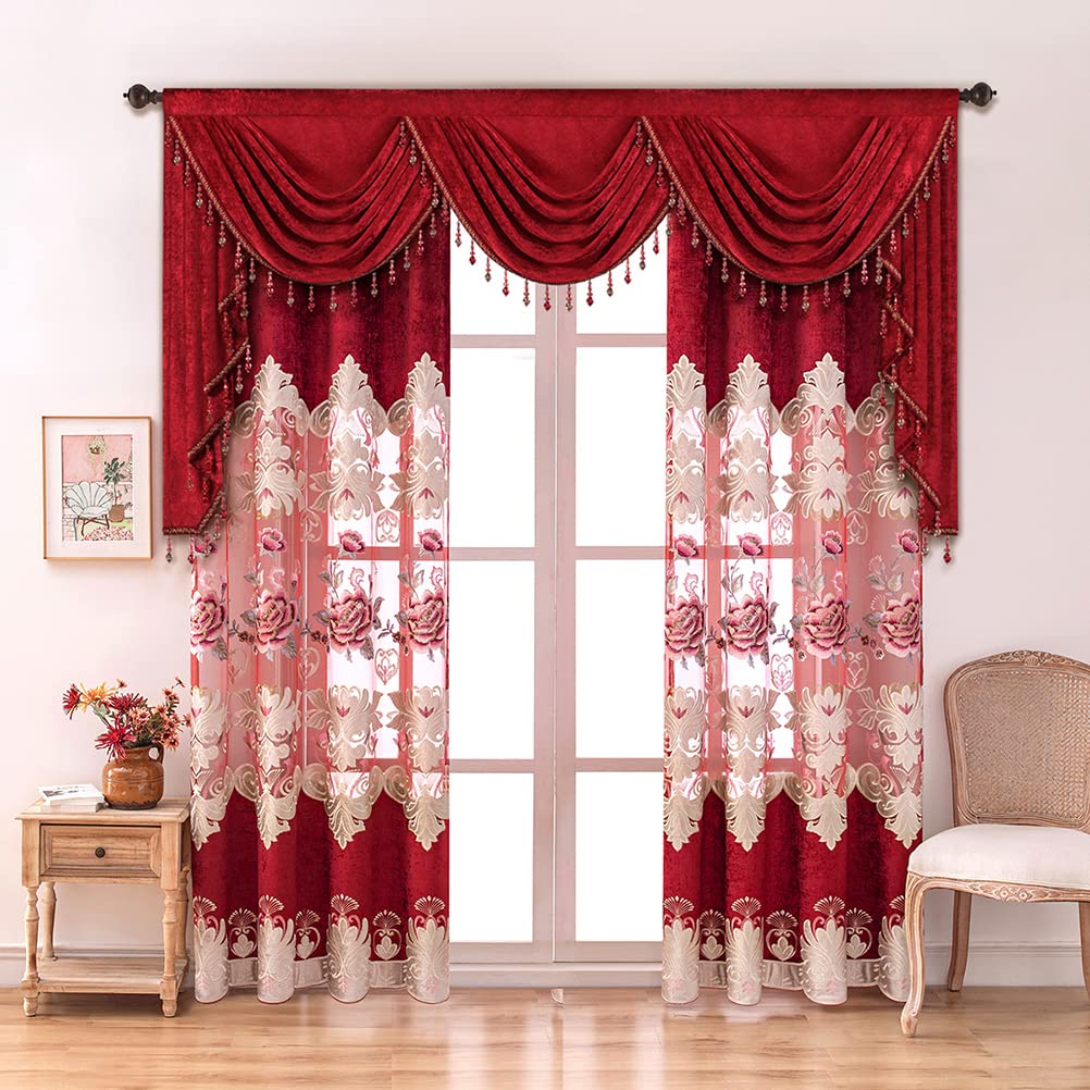ELKCA Luxury Burgundy Red Chenille Floral Embroidered Curtains - Peony Design Grommet Top Window Drapes 52x84 Inches, 2 Panels for Bedroom, Living Room & Home Decor