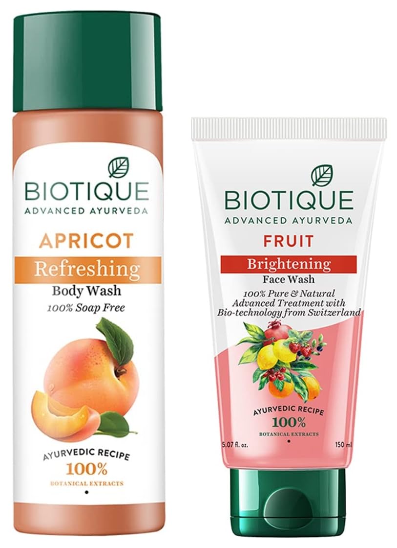 Biotique Bio Apricot Refreshing Body Wash 190ml & Bio White Advanced Fairness Face Wash 150ml - Natural Skincare Set for Glowing Skin | Perfect for Daily Cleansing Routine & Travel Size Beauty Essentials