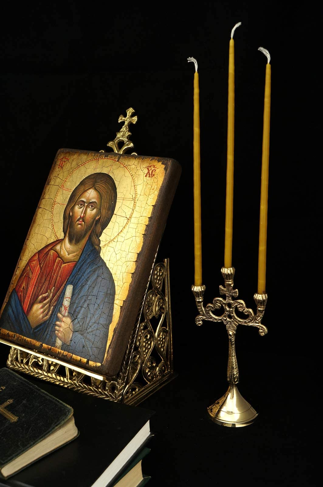 Brass Cross Candle Holders Set of 2 with Beeswax Candles for Church & Home Altar