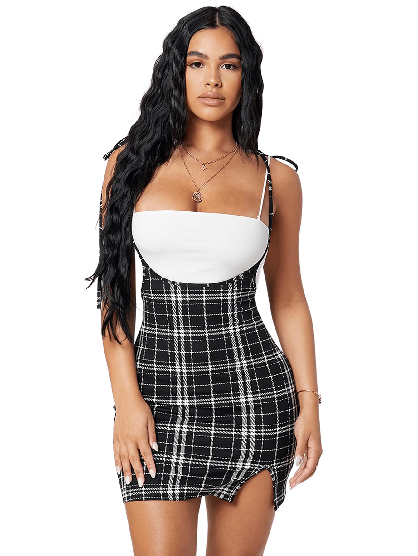 Floerns Women's Plaid Suspender Skirt Tie Shoulder Split Hem Bodycon Mini Dress - Stylish Outfit for Casual Wear, Date Night & Party