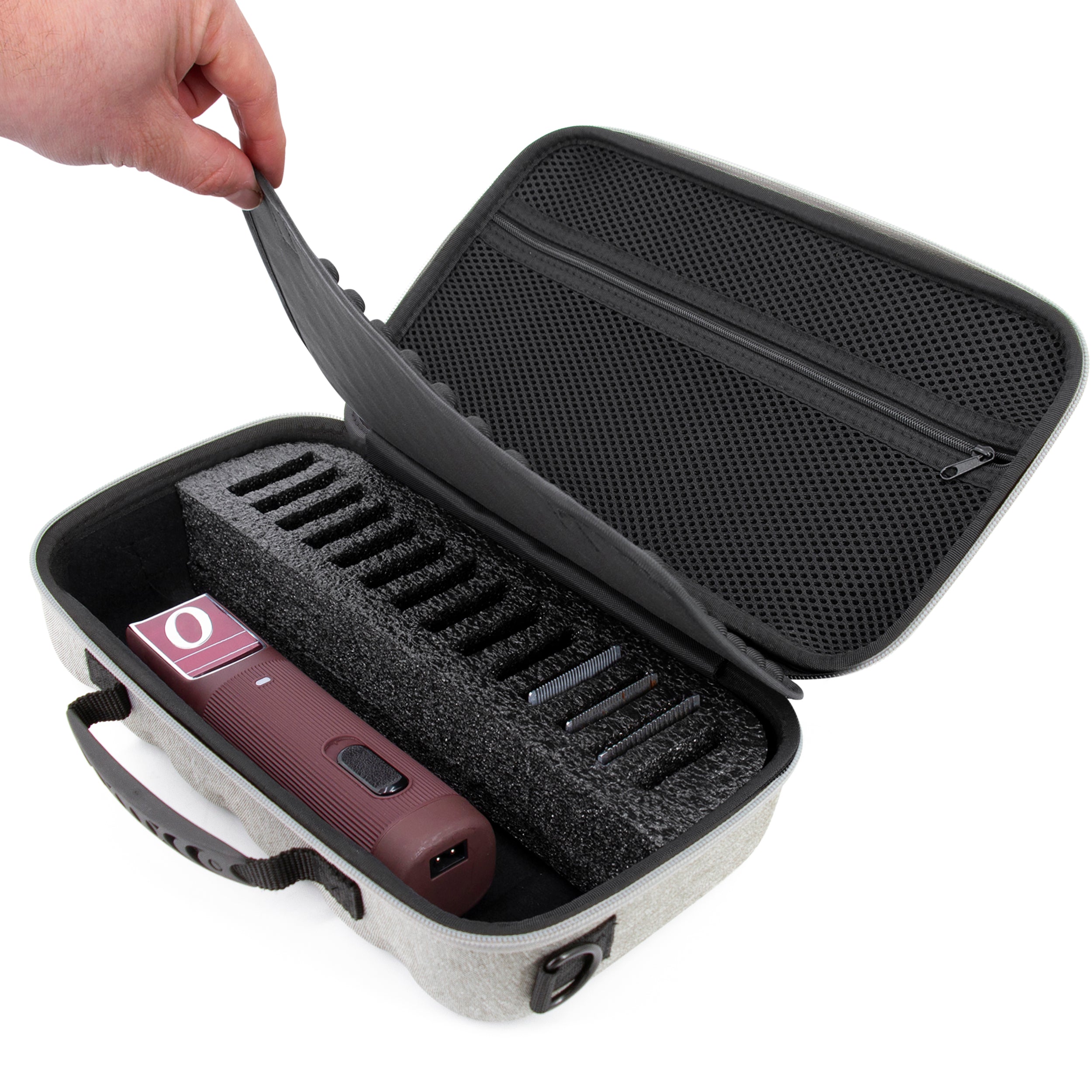 CASEMATIX Professional Hair Clipper Case for Barbers - Compatible with Andis, Oster, Wahl 14 Metal Detachable Clipper Blades - Grey Travel Storage Case for Salon, Home & Barber Shop Use