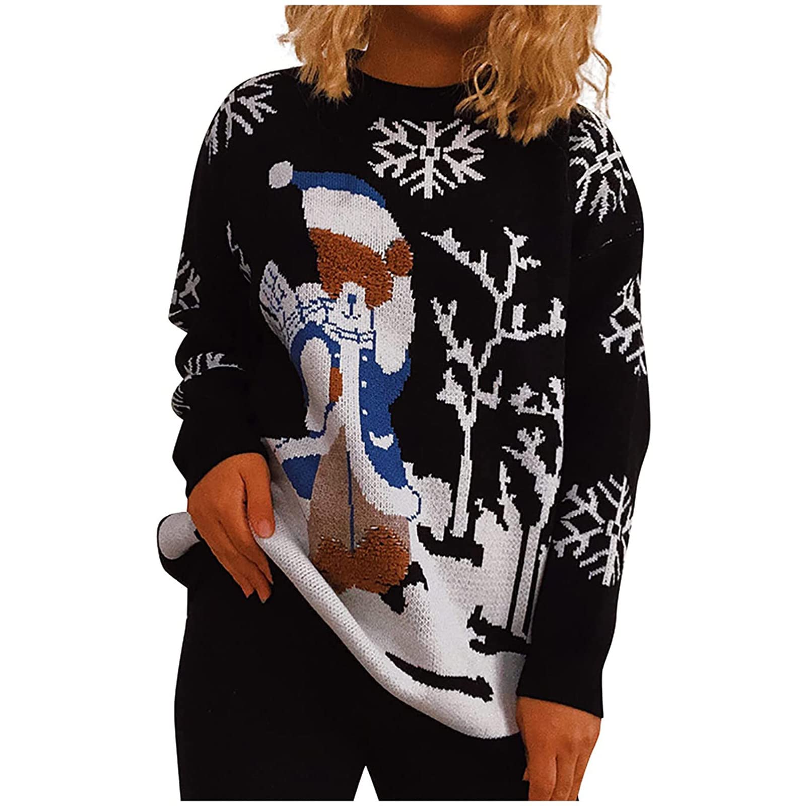 Women's Christmas Print Round Neck Long Sleeve Sweater Tops Blouse for Fall Winter - Cozy Holiday Outfit for Parties, Family Gatherings & Casual Wear #U7961
