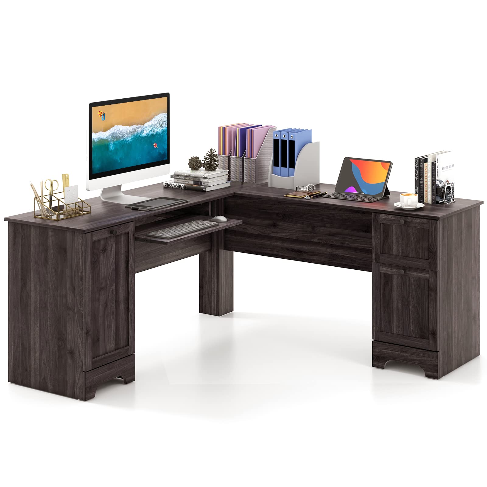 Tangkula L-Shaped Office Desk with Storage Drawers & Keyboard Tray - Home Office Corner Computer Desk with Cabinet & Adjustable Shelf - Space Saving Study Writing Workstation for Small Spaces, Gaming Setup & Remote Work