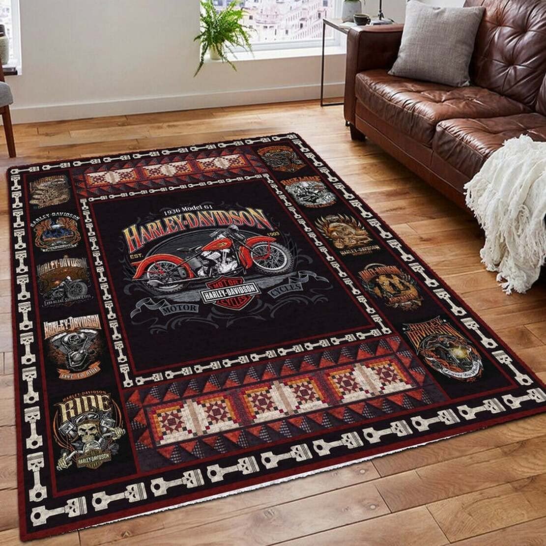 Harley Davidson Motorcycle Themed Rug - Washable Non-Slip Indoor Carpet for Living Room, Bedroom & Man Cave Decor - American Biker Style Floor Mat for Home & Office