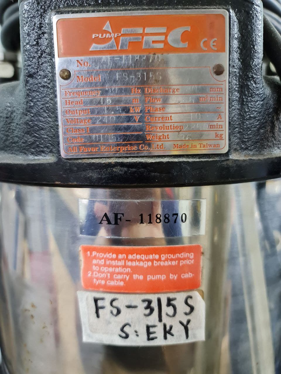 Afectmn 3 2HP 1.5KW 230V Dewatering Water Pump | Model FS 315S | Ideal for Basement Flooding, Construction Sites & Pool Drainage