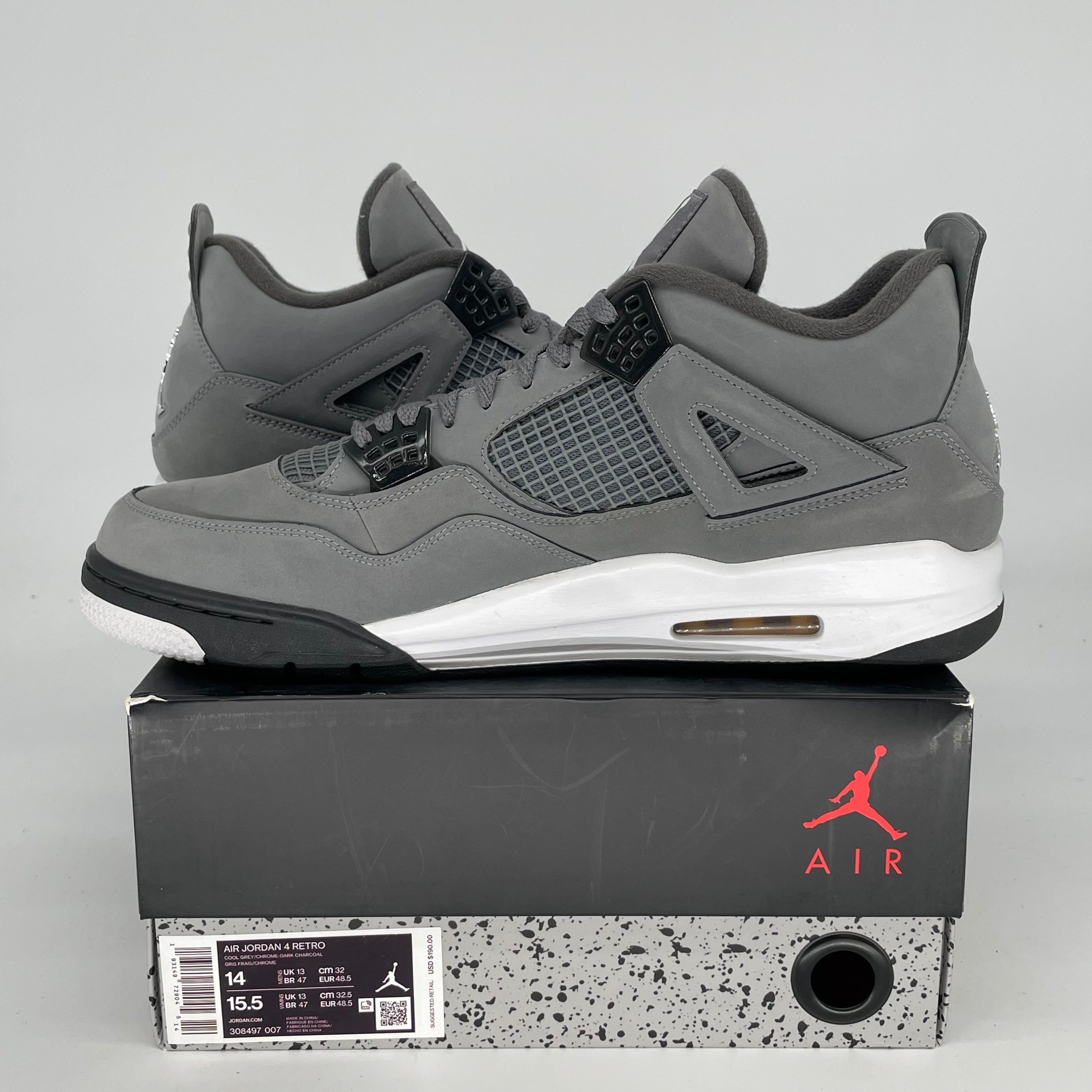 AIR JORDAN 4 COOL GREY Men's Basketball Shoes Size 14 - Retro Style Sneakers for Casual Wear & Street Fashion (308497-007)