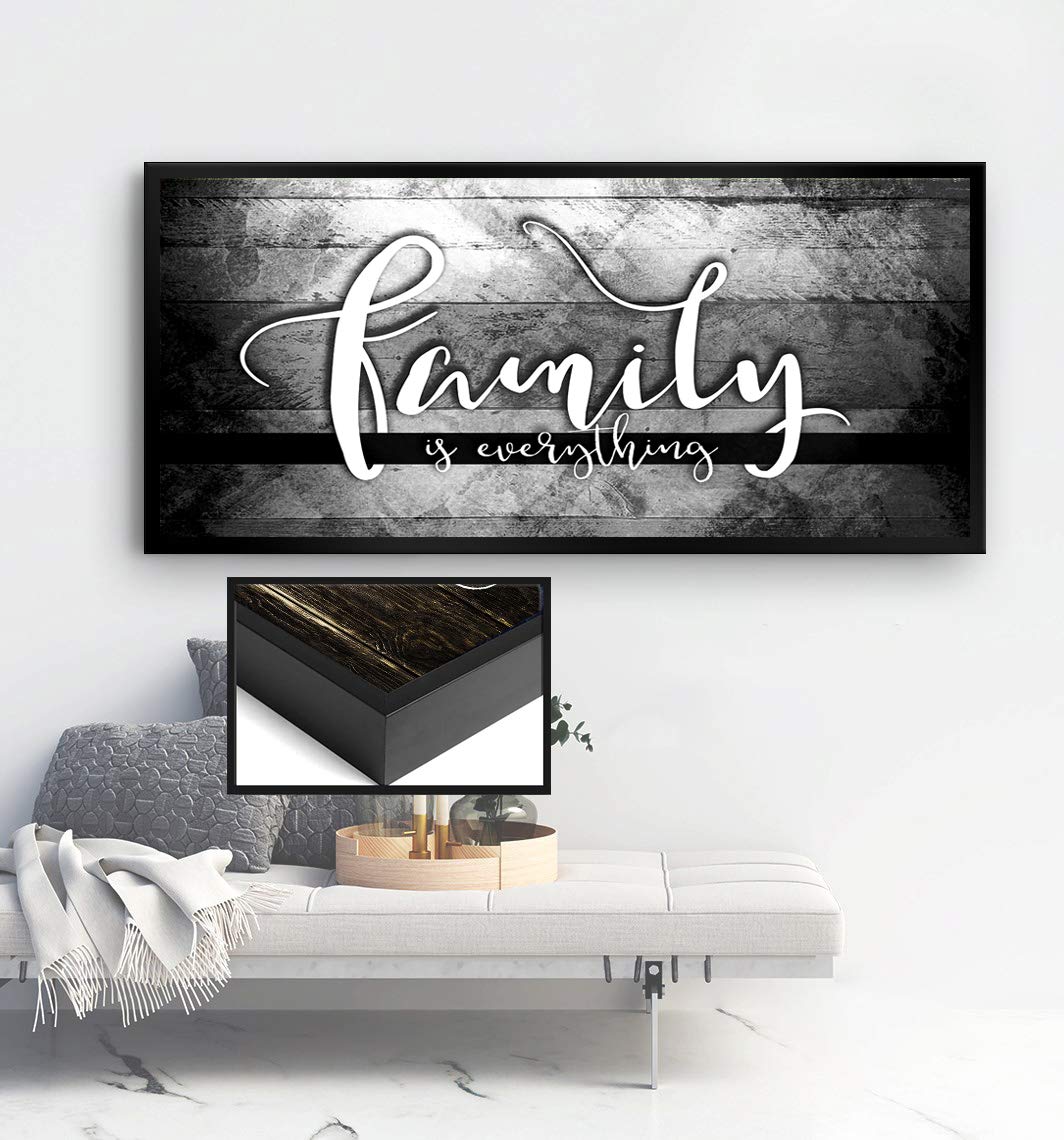 Family Is Everything Wall Art - Framed Canvas Painting for Living Room & Farmhouse Decor - Grey & Black Floating Frame 42x19 - Perfect for Home, Bedroom, Office & Gifts