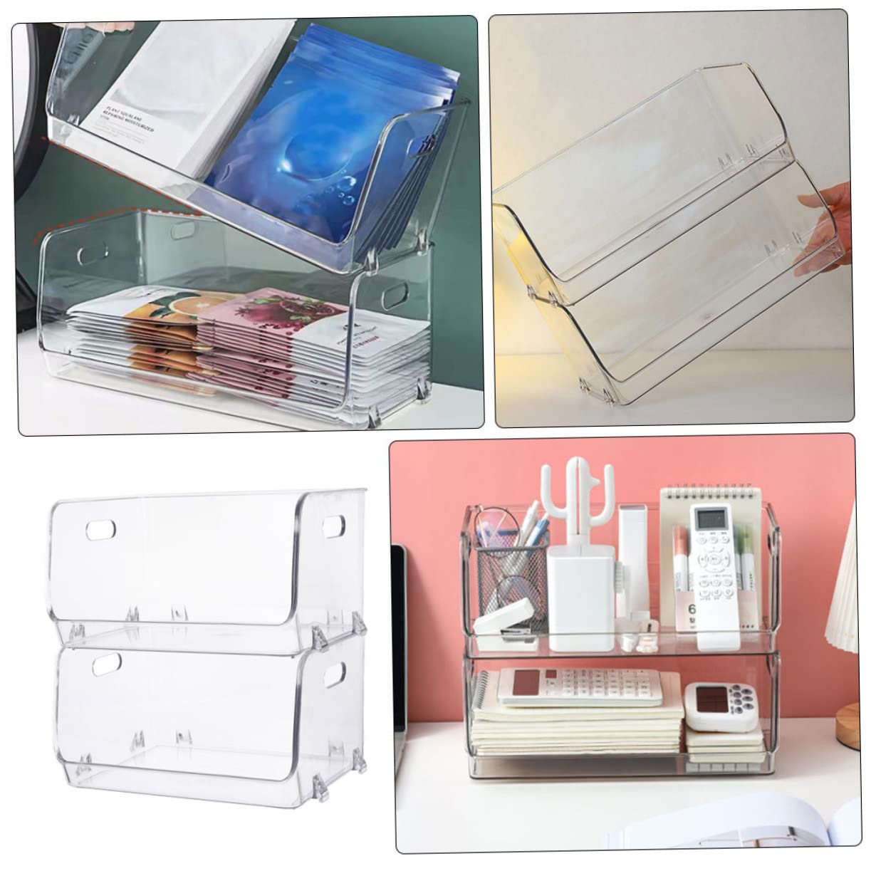 Clear Stackable Storage Bins - 4 Pcs Double Desktop Shelf for Bathroom & Pet Organization