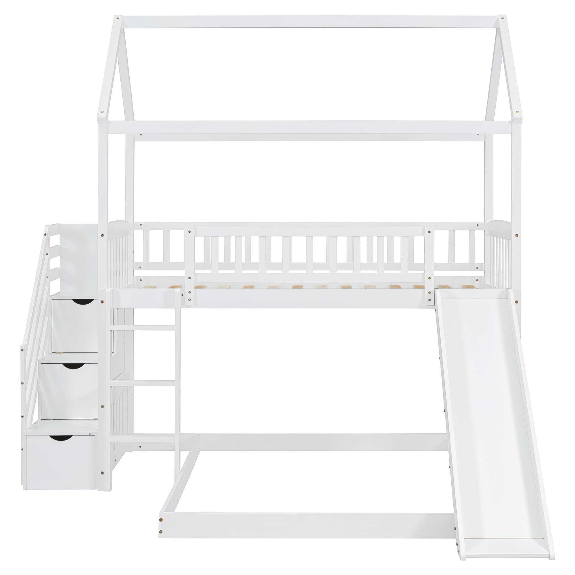 Merax Twin Over Twin Loft Bunk Bed with Slide, Stairs & Storage Drawers - No Box Spring Needed - White Space-Saving Kids Bunk Bed for Small Rooms, Dorms & Sleepovers