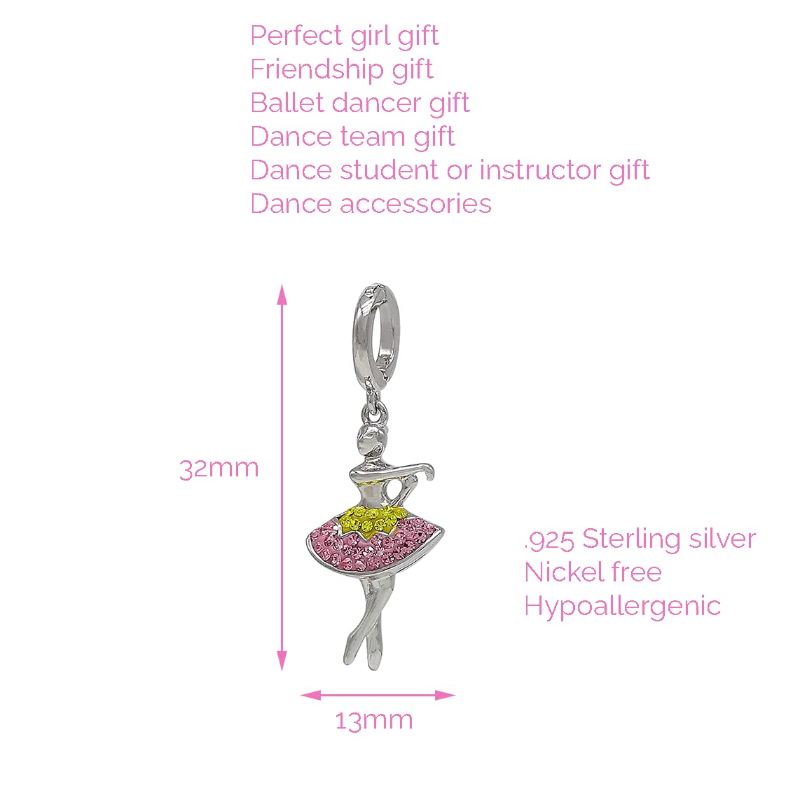 Annie & Sisters Sterling Silver Dance Charm Bracelet - Elegant Crystal Pendant for Ballet, Gifts & Special Occasions