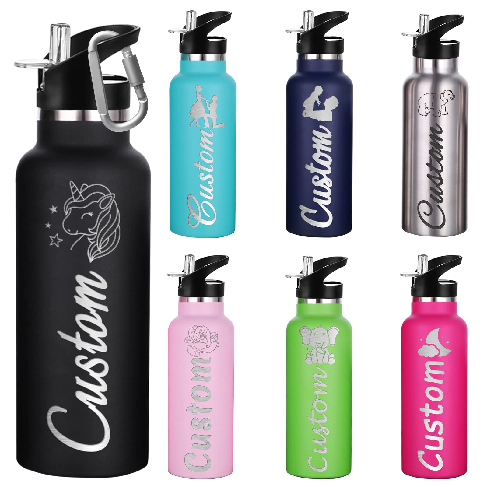 Custom Personalized Water Bottles with Engraved Names - 26oz/12oz Insulated Stainless Steel Bottle with Straw for Kids, Women & Men | Great for School, Gym, Office & Outdoor Activities