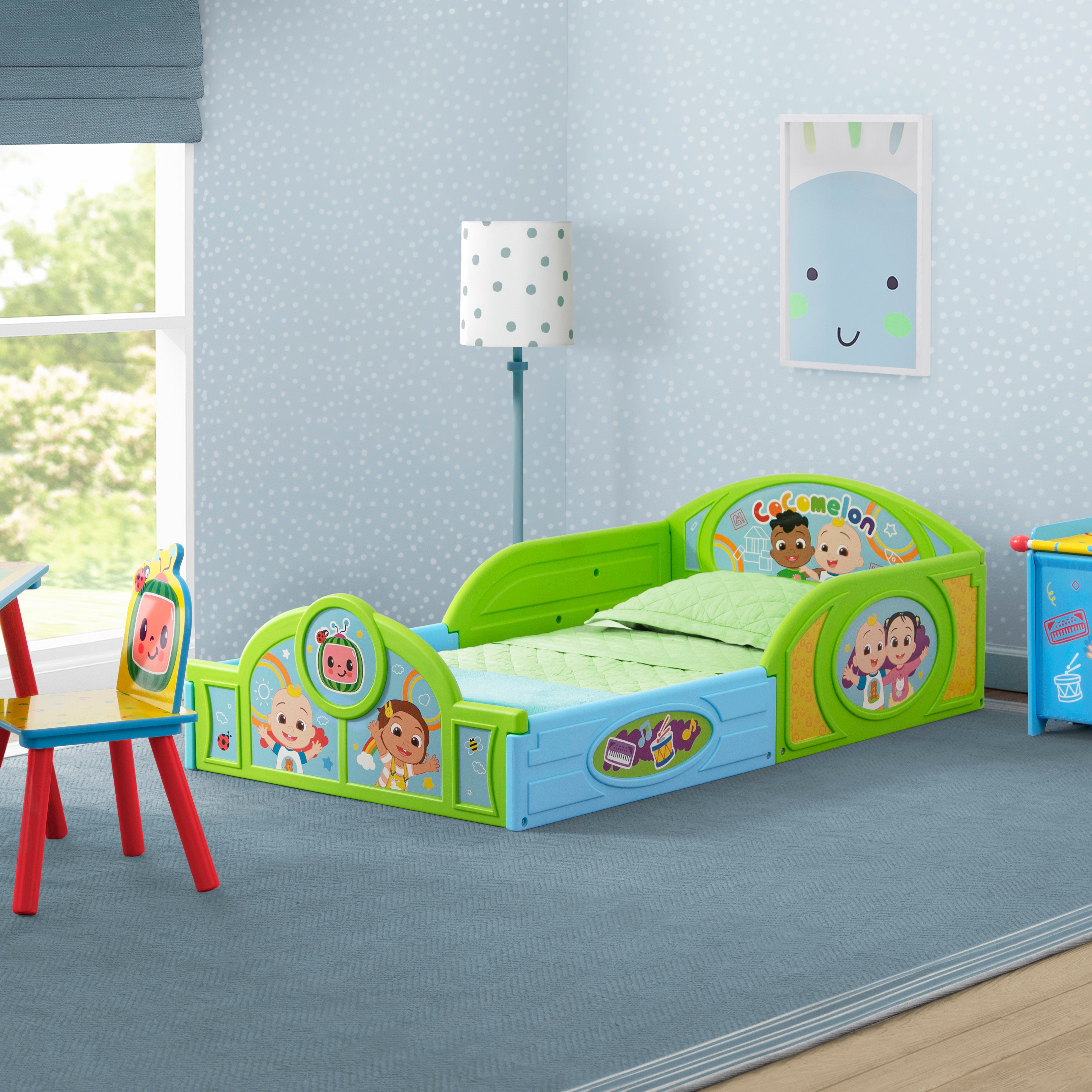 CoComelon 4-Piece Toddler Room Furniture Set - Toddler Bed, Play Table, Chair & Toy Box for Kids' Bedroom Decor | Perfect for Nursery, Daycare & Playroom