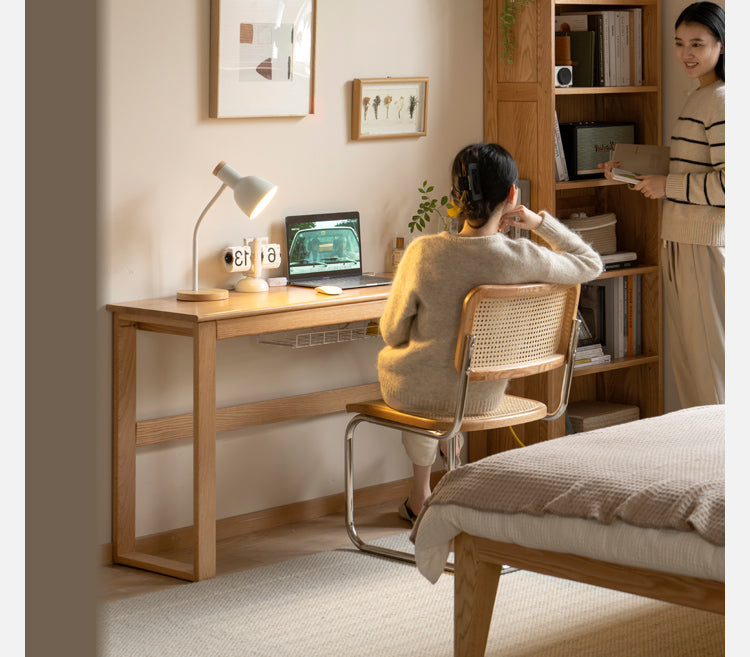 Solid Oak and Poplar Wood Long Narrow Desk - Modern Minimalist Home Office Writing Table for Small Spaces | Perfect for Study, Work, and Laptop Use