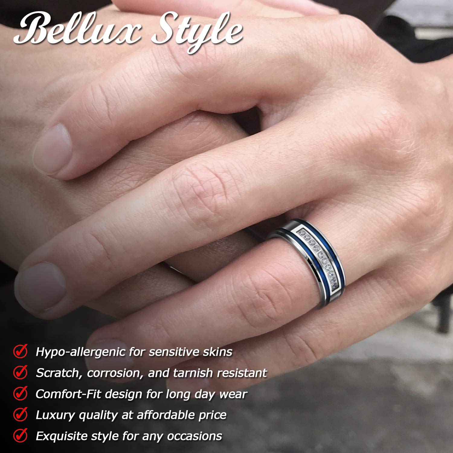 Stainless Steel Men's Wedding Band with CZ & Blue Stripes - 8mm Comfort Fit Engagement Ring for Him - Durable & Stylish Wedding Jewelry for Everyday Wear & Special Occasions