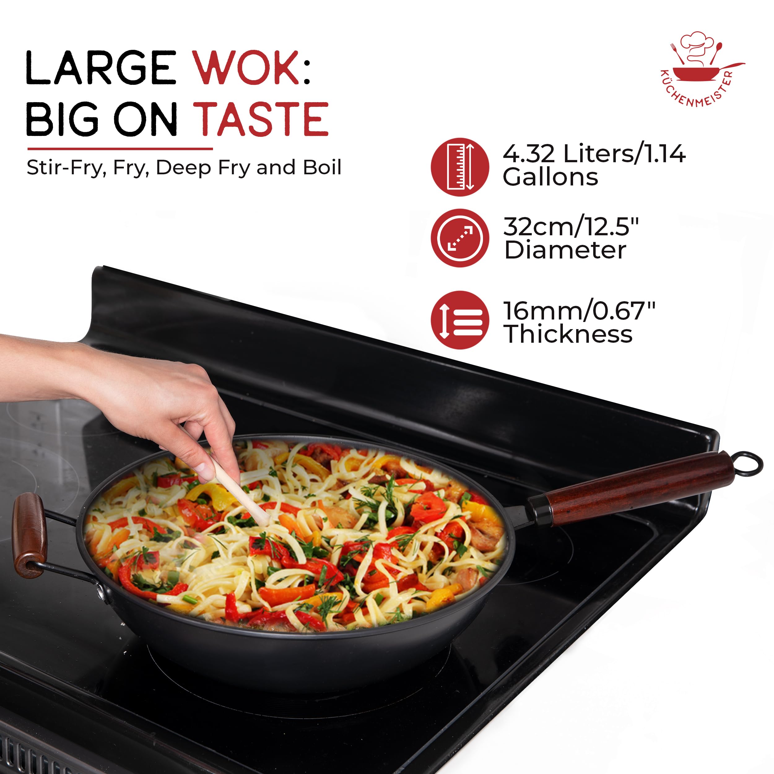 Küchenmeister 12.5-Inch Carbon Steel Wok Pan with Lid - Nonstick Flat Bottom Stir Fry Pan for Induction, Gas, Electric & Halogen Stoves | Includes Brush & Oil Strainer | Perfect for Asian Cooking, Stir-Frying & Home Chefs
