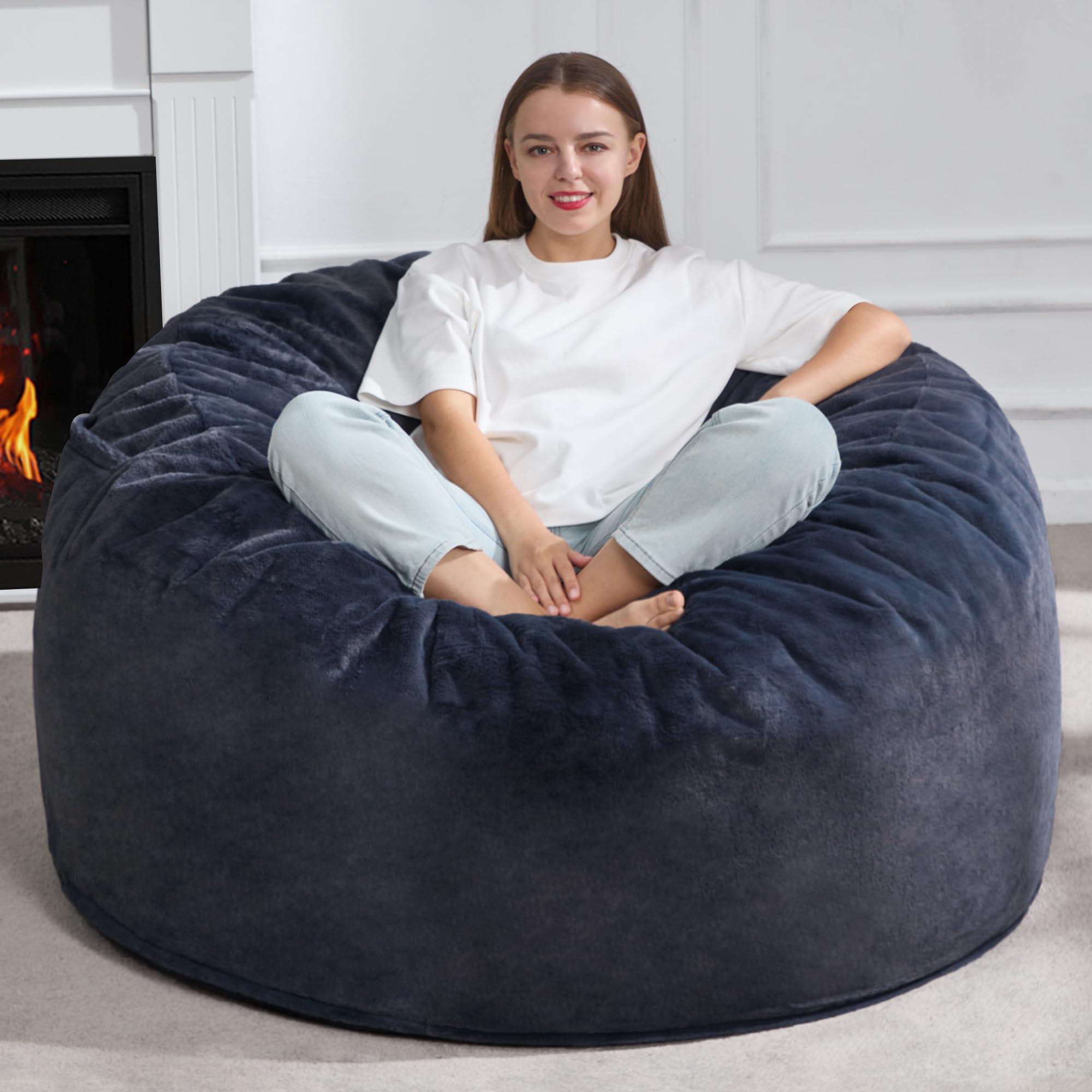 Hobestluk 5ft Large Bean Bag Chair for Adults - Plush Faux Fur Cover, Oversized Beanbag Chair for Living Room, Bedroom, Dorm & Office - Dark Grey (50”x50”x24”) - Perfect for Lounging, Gaming & Relaxation