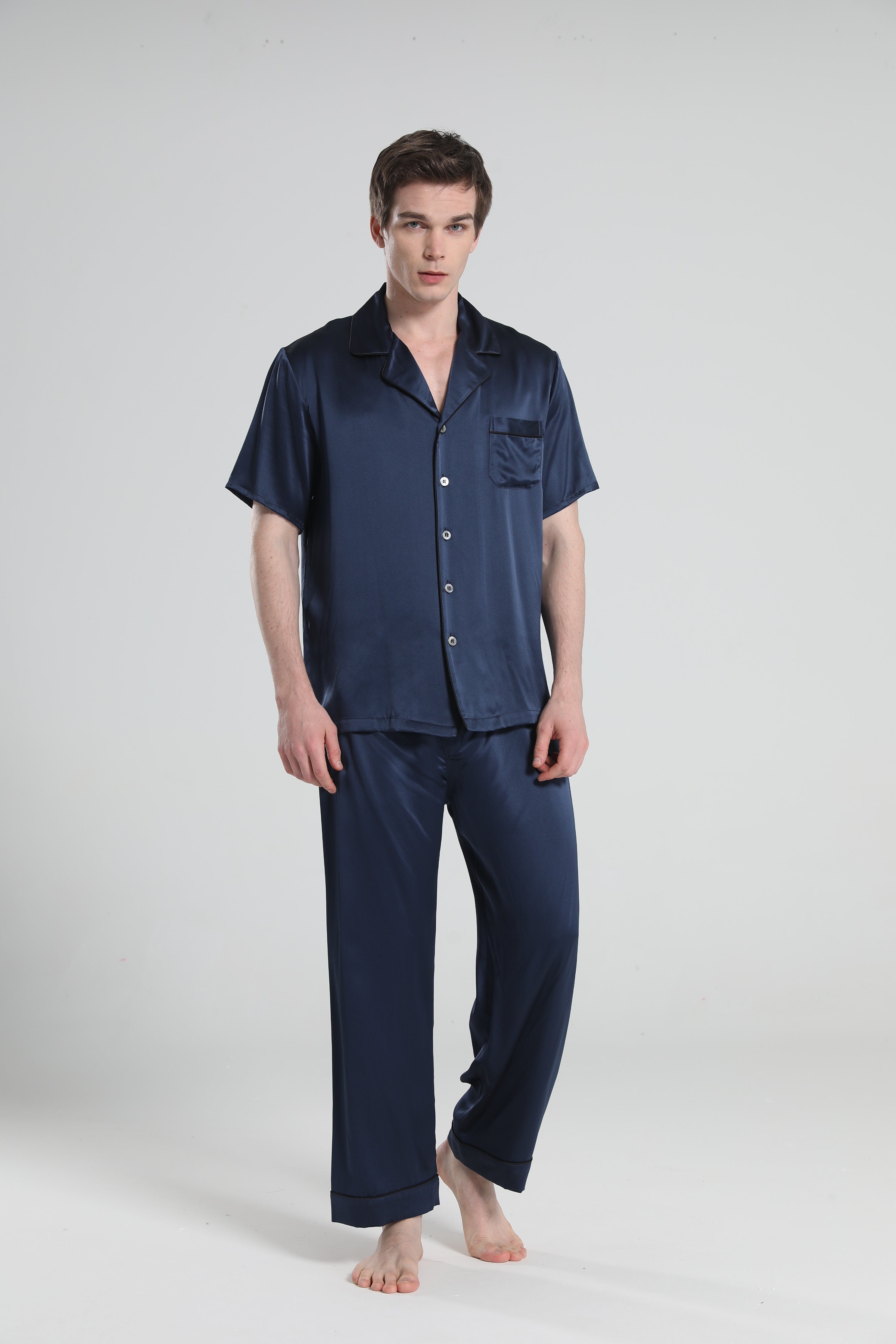 Men's 100% Silk Short Sleeve Pajama Set - Luxury Sleepwear for Comfortable Nights & Relaxing at Home