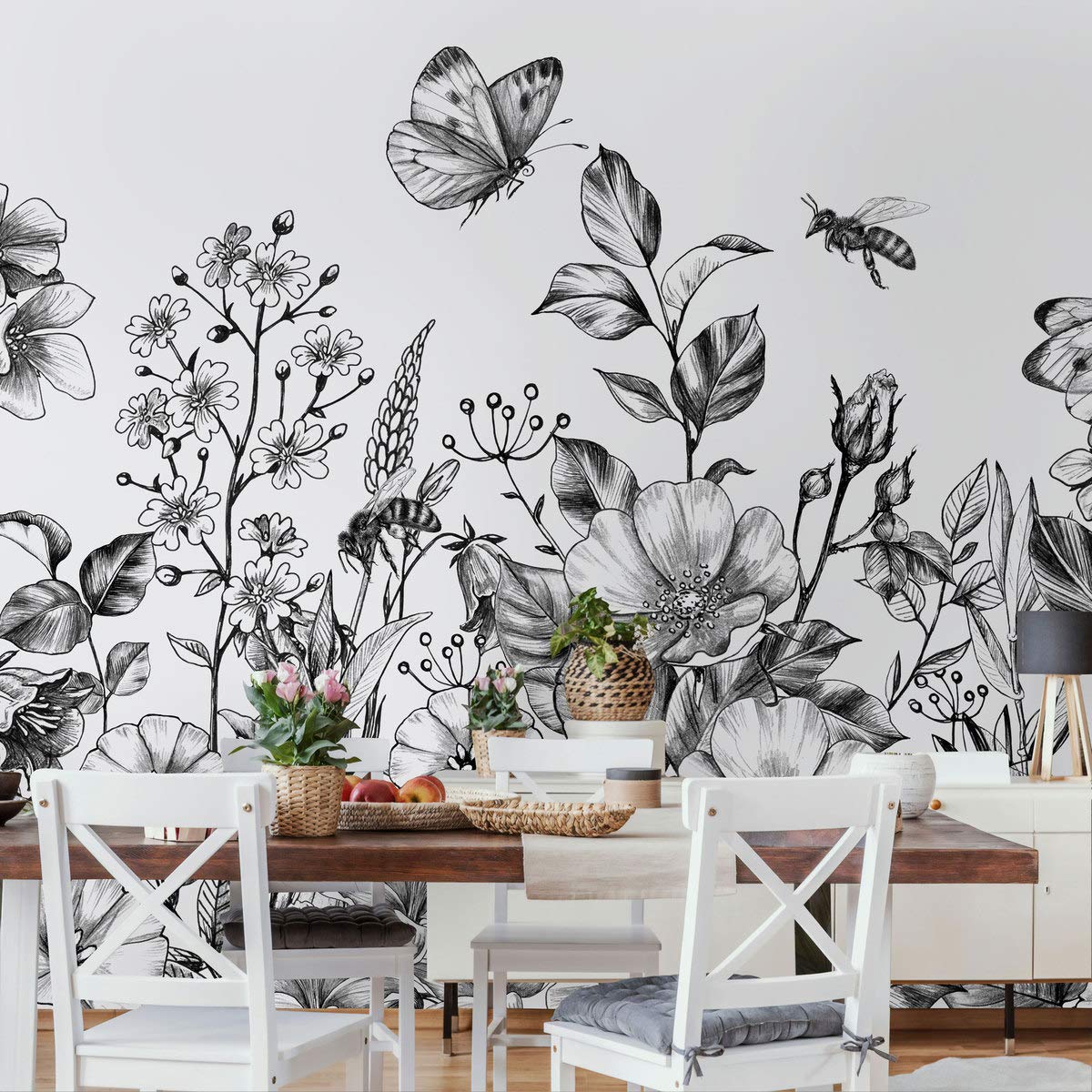 Murwall Black and White Floral Wallpaper - Elegant Charcoal Flower Wall Mural for Living Room, Bedroom & Cafe Decor | Peel and Stick Wallpaper for Home & Commercial Spaces