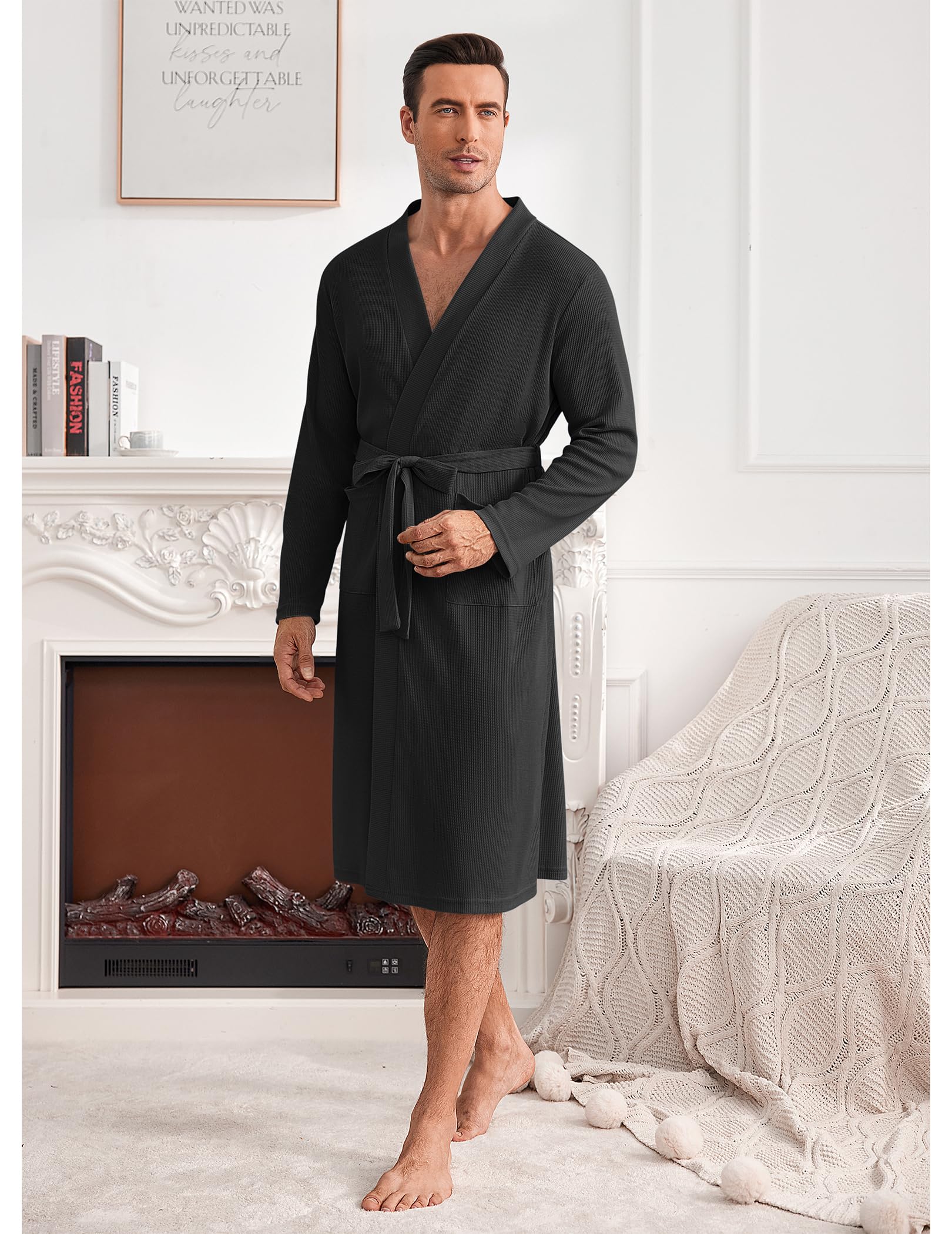 Ekouaer Men's Lightweight Waffle Knit Bathrobe - Soft Kimono Style Spa Robe with Pockets, V-Neck Long Sleeve Sleepwear for Shower, Lounge & Relaxation at Home
