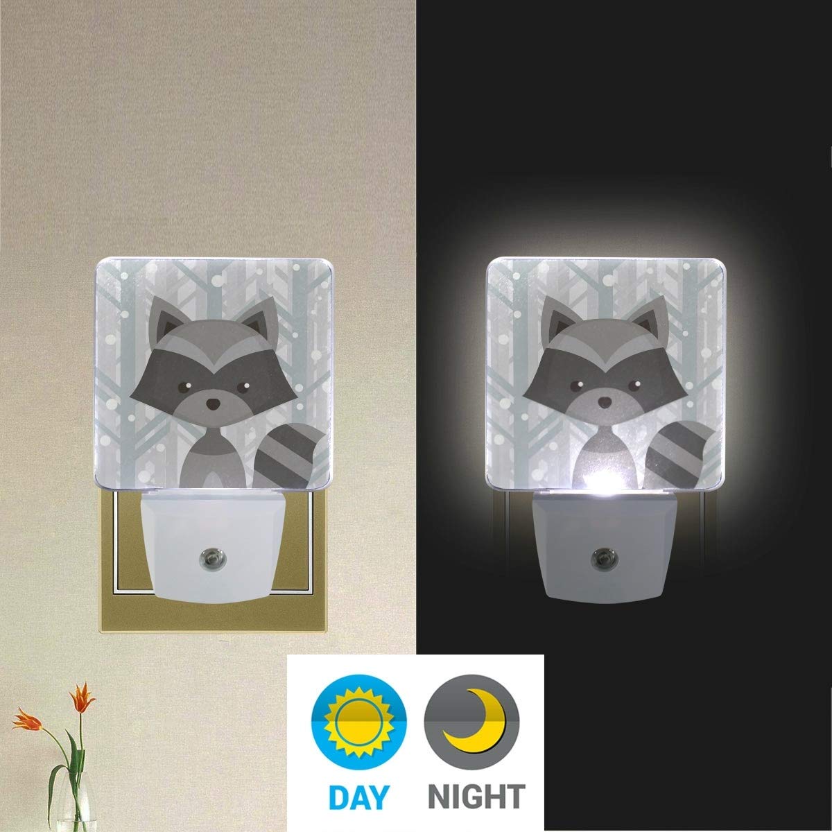Cartoon Raccoon Night Light Set of 2 - Plug-in Motion Sensor LED Nightlight for Kids Room, Nursery, Hallway & Bedroom