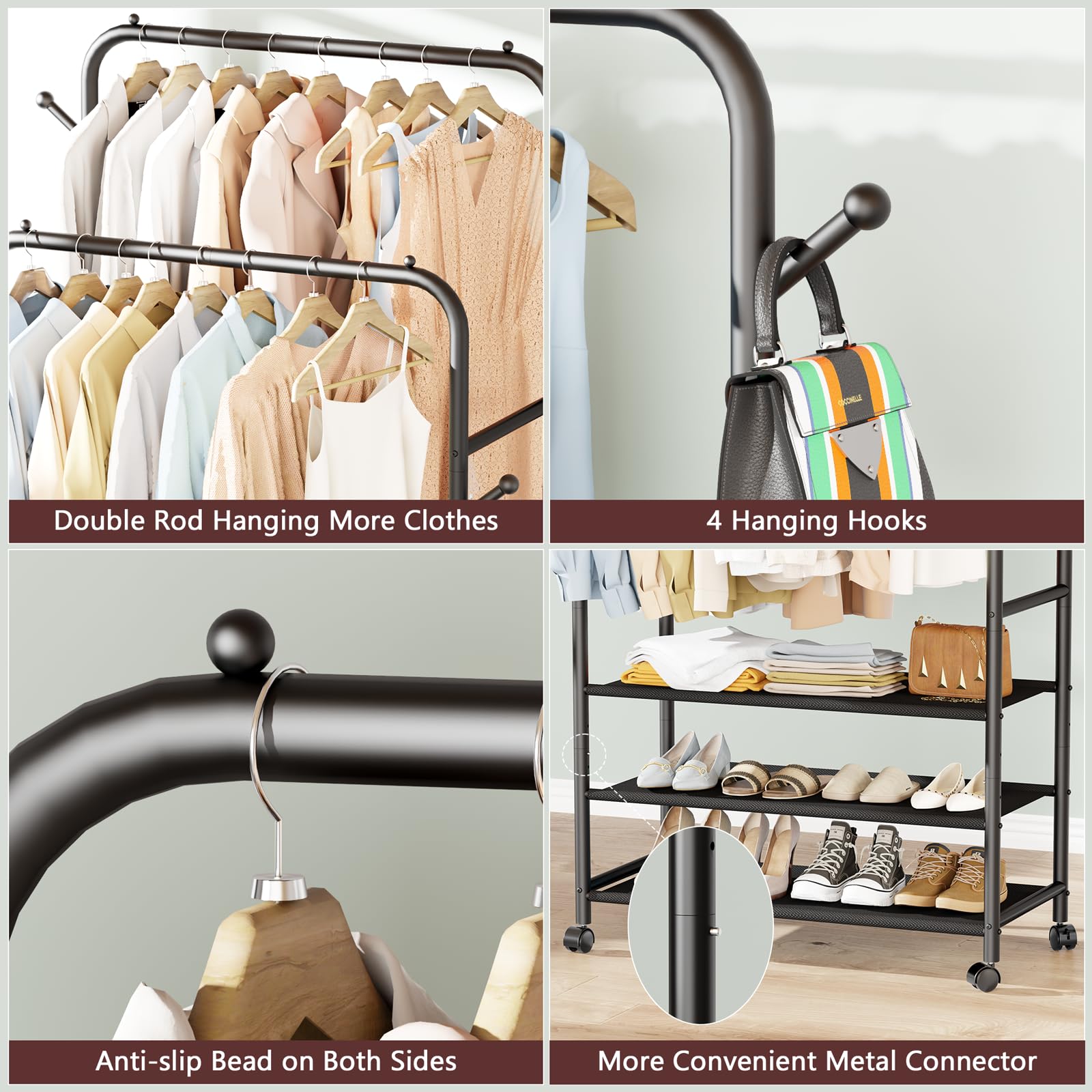 Furologee Double Rods Rolling Garment Rack with 3-Tier Storage Shelf & 4 Hooks - Portable Closet Organizer for Bedroom, Living Room - Black | Perfect for Small Spaces, Laundry Rooms & Apartment Storage