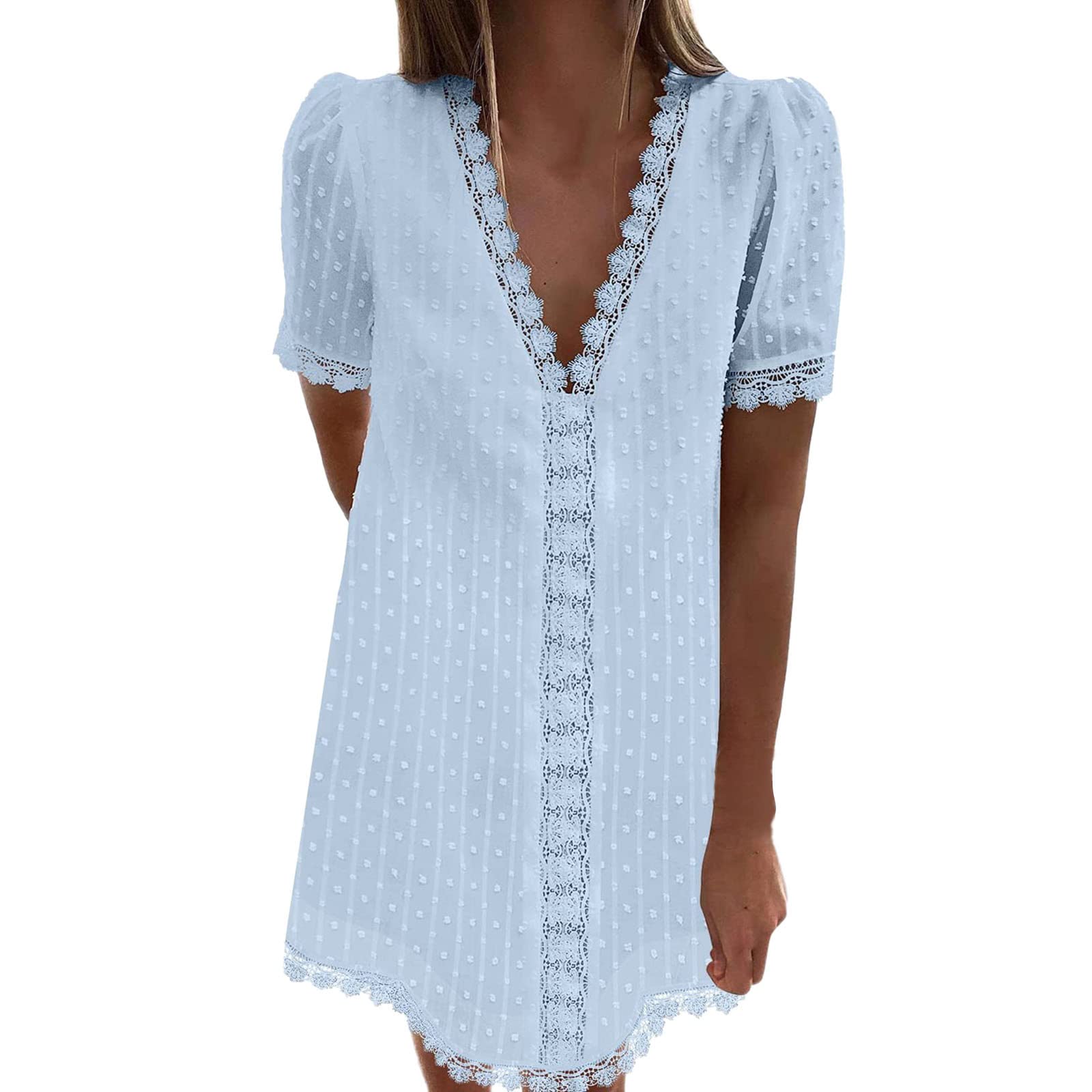 Women's Floral Lace Shift Dress - Summer V-Neck Short Sleeve Mini Dress for Casual & Formal Occasions | Perfect for Office Wear, Date Night, and Special Events