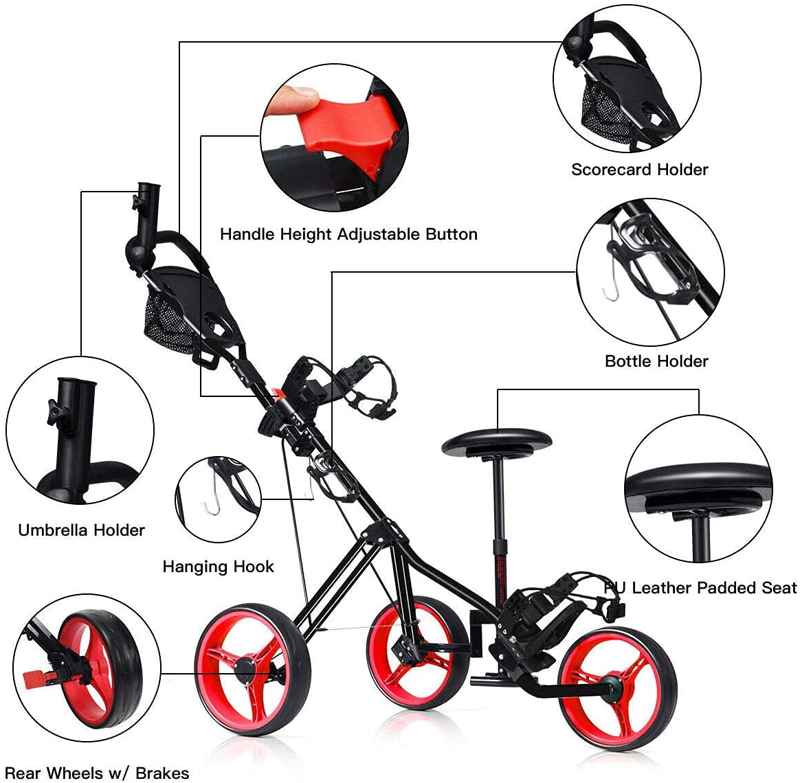 GRAFFY 3 Wheel Golf Push Cart with Seat - Adjustable Height Handle, Lightweight Folding Golf Trolley with Scoreboard, Bag Foot Brake, Cup & Umbrella Holder - Perfect for Golf Courses, Driving Ranges & Outdoor Practice Sessions