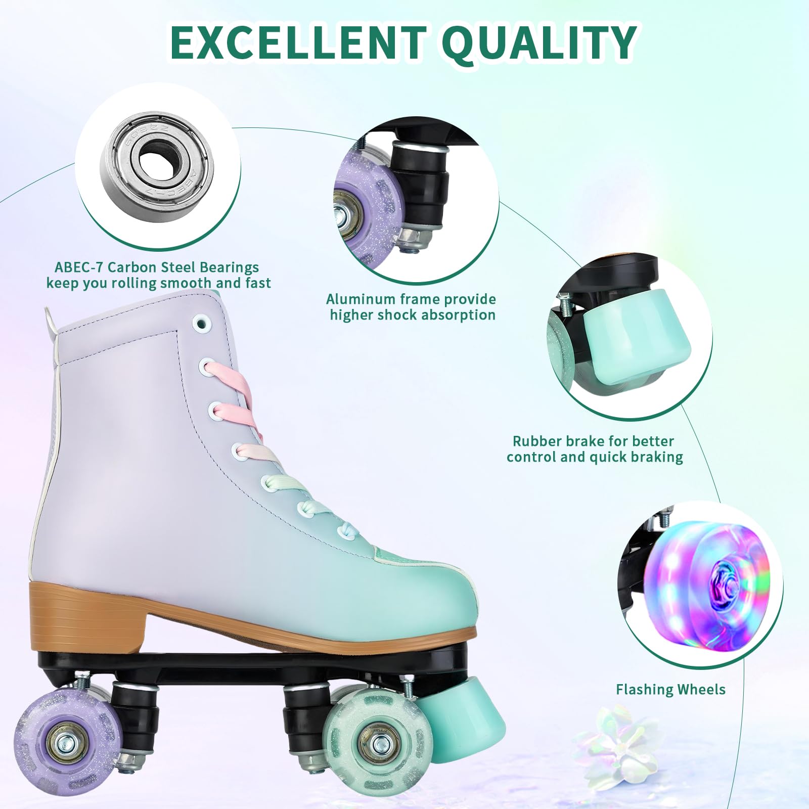 PU Leather Gradient Green & Purple Roller Skates with LED Flash Wheels for Girls & Women - Indoor & Outdoor Skates for Youth Beginners Ages 8-12 - Perfect for Rink, Park, Street Skating & Birthday Gifts