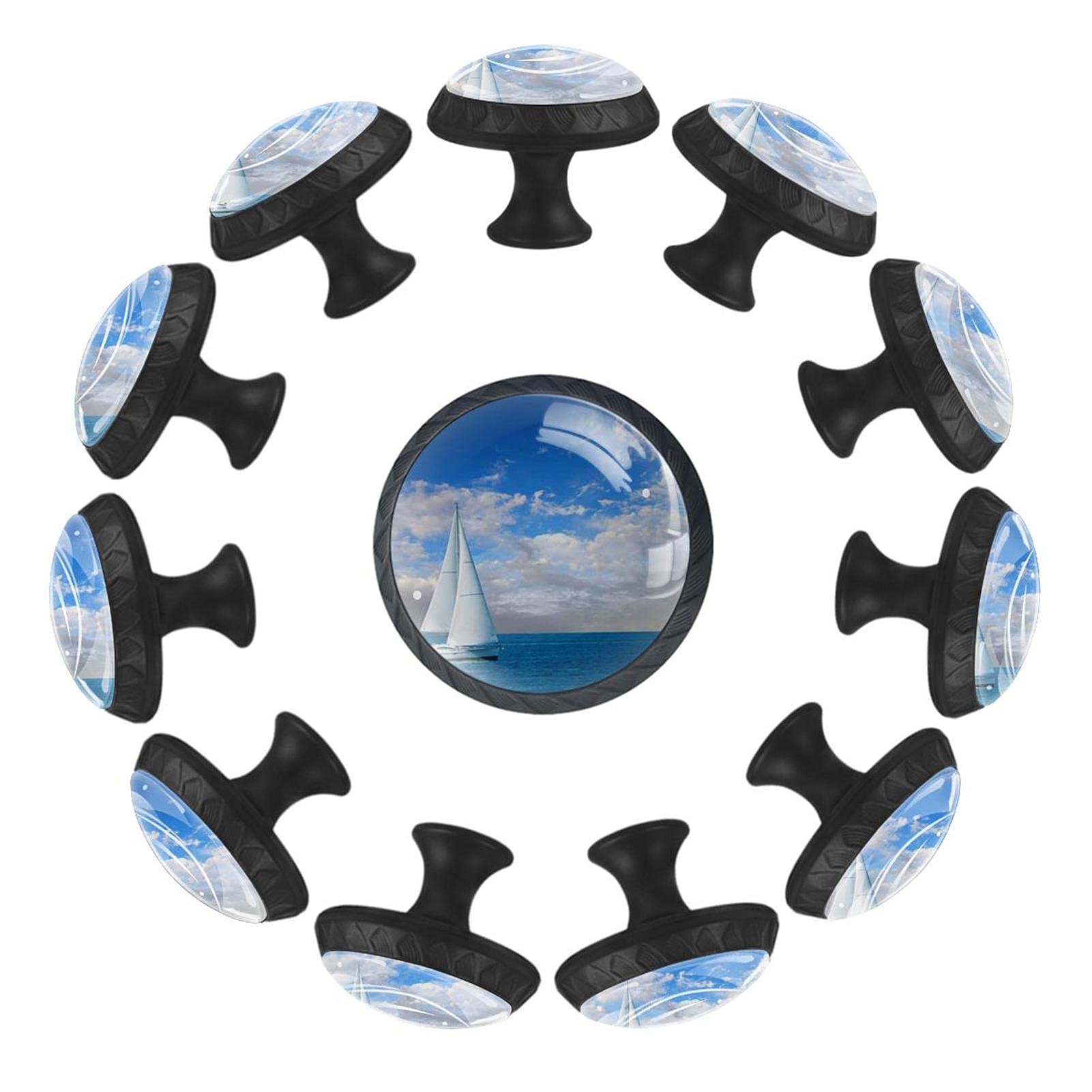 Lilibeely 12-Pack Round Cabinet Knobs - Seascape White Sailboat on Blue Sea, 1.37x1.1x0.66 Inch Drawer Pulls for Kids Furniture, Kitchen Cabinets & Wardrobes - Perfect for Nursery, Beach-Themed Rooms & Coastal Home Decor