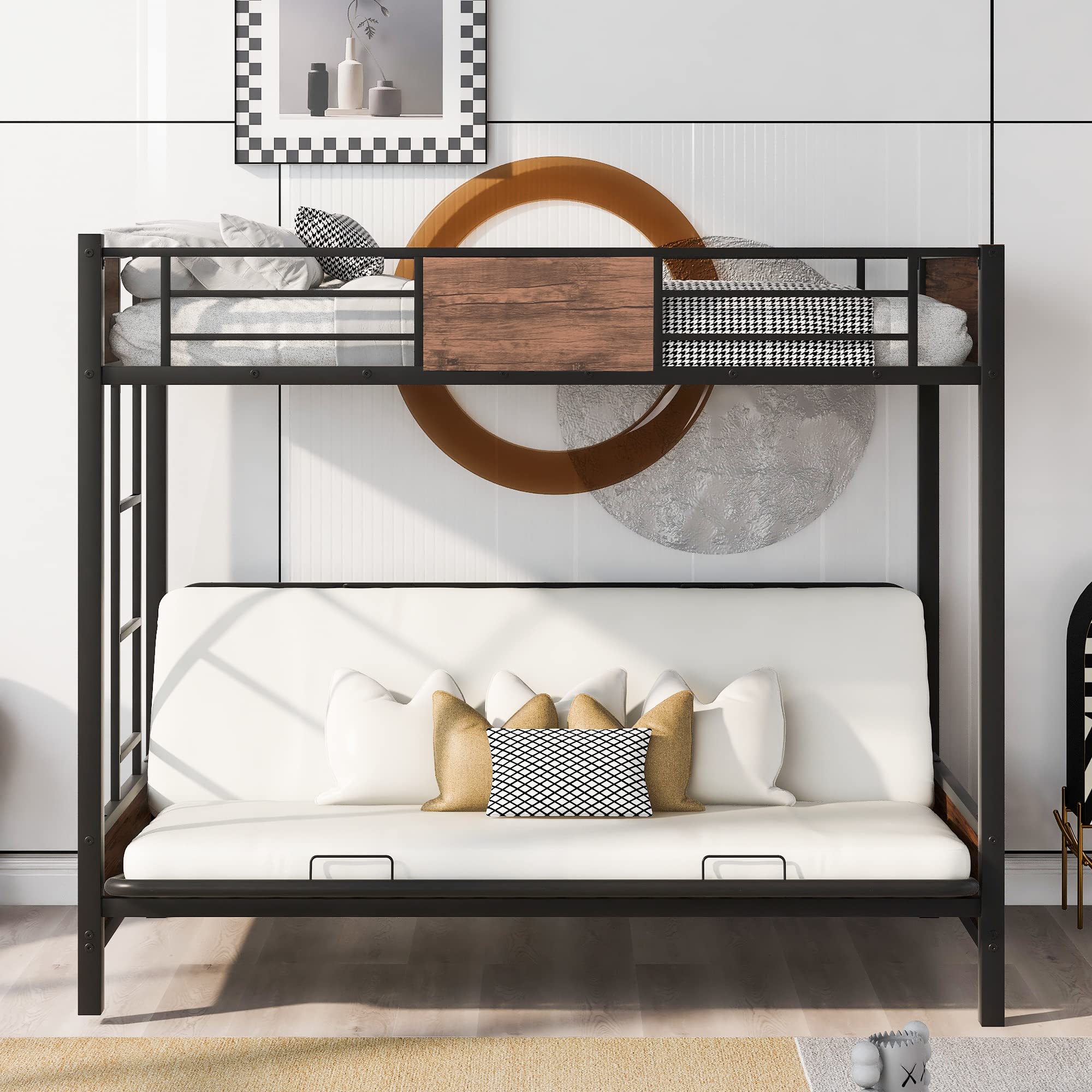 Twin Over Full Metal Futon Bunk Bed Frame - Convertible Daybed for Kids, Teens & Adults - Space-Saving Black Bunk Bed for Small Rooms, Guest Rooms & Dormitories