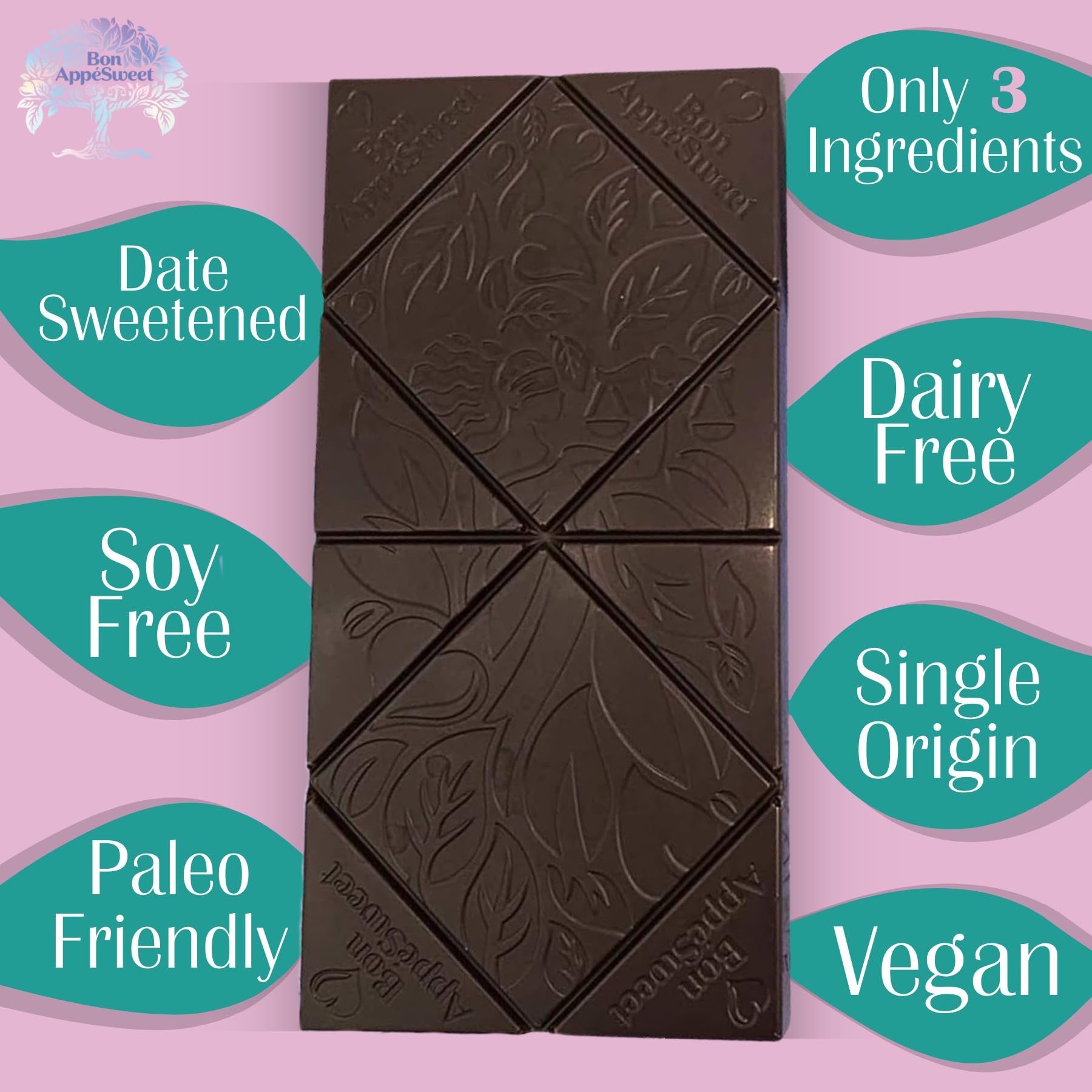 Bon Appesweet Date Sweetened Dark Chocolate Bar - 85% Cacao, Organic, Sugar Free, Vegan, Dairy Free (Pack of 5, 2.2oz) | Healthy Snack for Keto Diet, Weight Loss & Guilt-Free Dessert | Perfect for Gifts, Office Treats & After-Dinner Indulgence