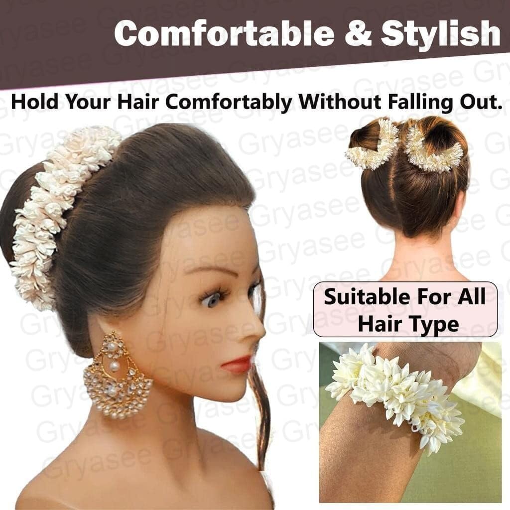 Graysee Scented Mogra Gajra Hair Accessories for Women & Girls - Artificial Hair Flower Bun, Fake Gajra Scrunchies, Rubber Band Hair Braiders (Pack of 2) - Perfect for Weddings, Parties & Traditional Outfits