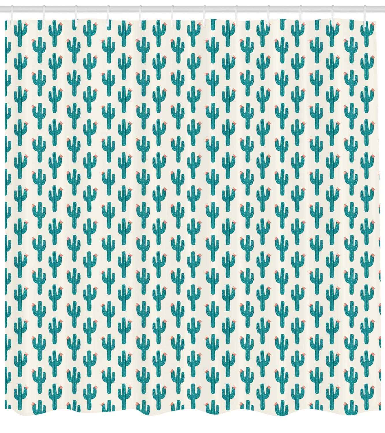 Ambesonne Cactus Print Shower Curtain - Waterproof Fabric Bathroom Decor with Hooks, 69x84 Inches, Teal & Ivory - Cacti Silhouette Floral Doodle Art - Perfect for Boho, Farmhouse & Modern Bathrooms
