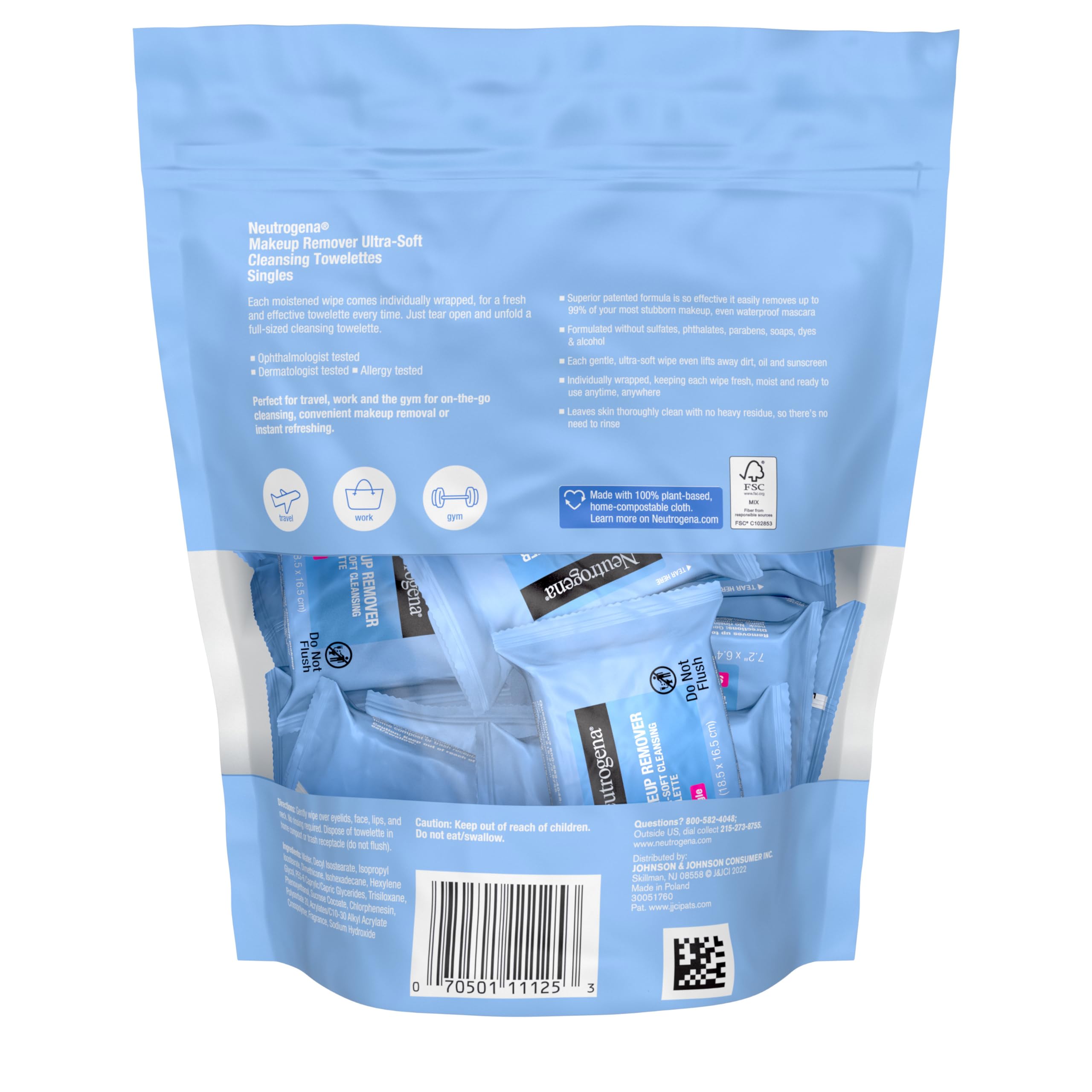 Neutrogena Makeup Remover Wipes Singles - 20 Individually Wrapped Facial Cleansing Towelettes | Alcohol-Free, Gently Removes Oil & Makeup | Perfect for Travel, Gym & On-the-Go Skincare