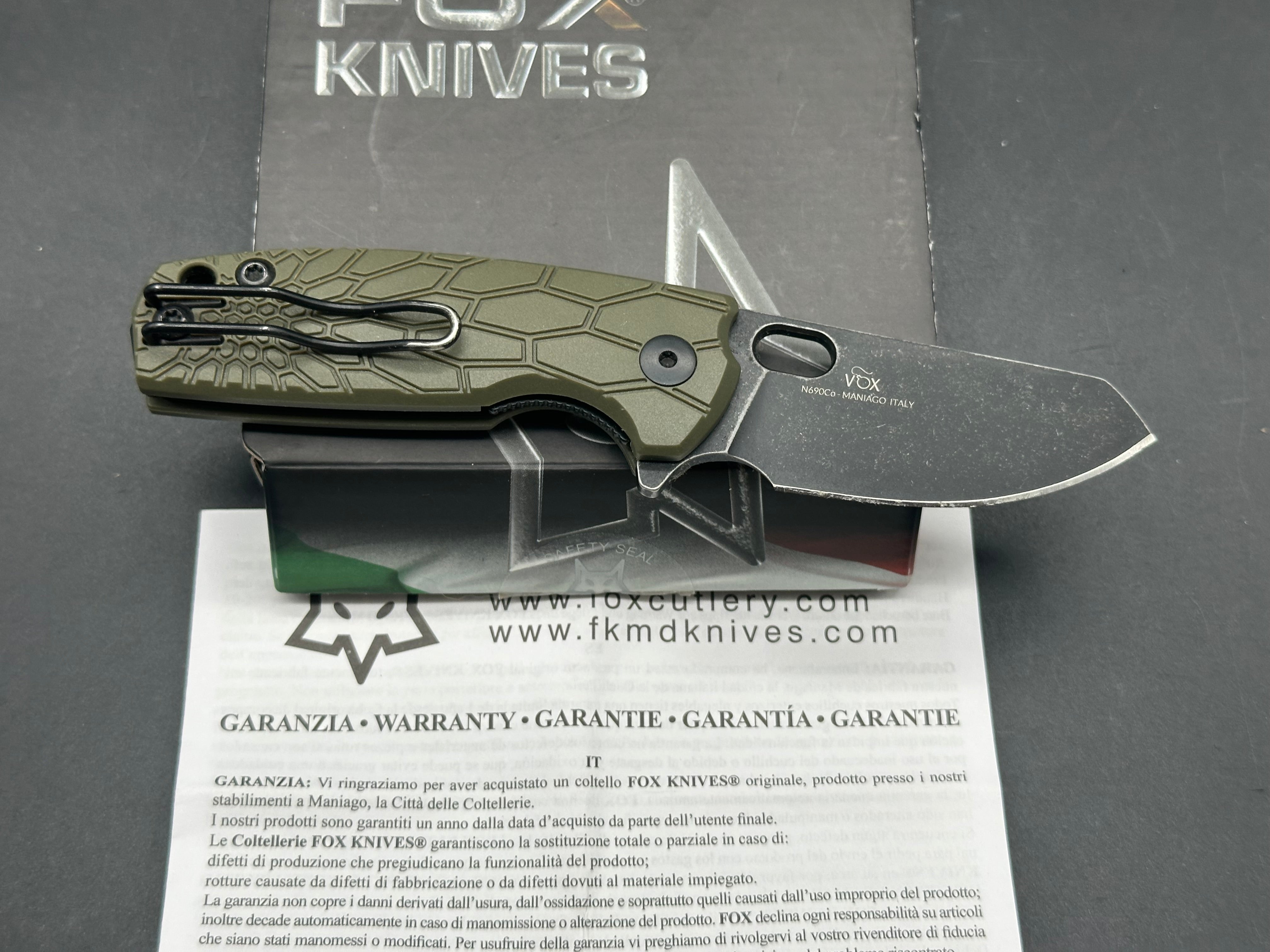 Fox Knives Baby Core Mini Liner Lock Pocket Knife - Green FRN Handle, EDC Folding Knife for Camping, Hiking & Outdoor Activities