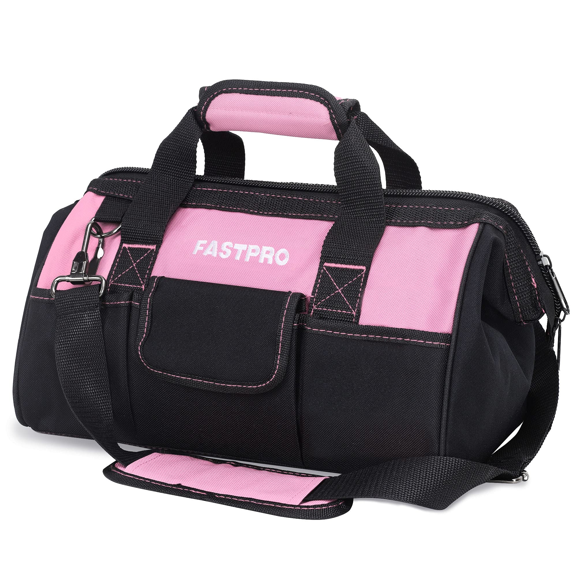 FASTPRO 14-Inch Pink Tool Bag for Women - Durable Zip-Top Wide Mouth Open Tool Organizer with Adjustable Shoulder Strap - Perfect for Electricians, Plumbers & DIY Home Improvement Projects