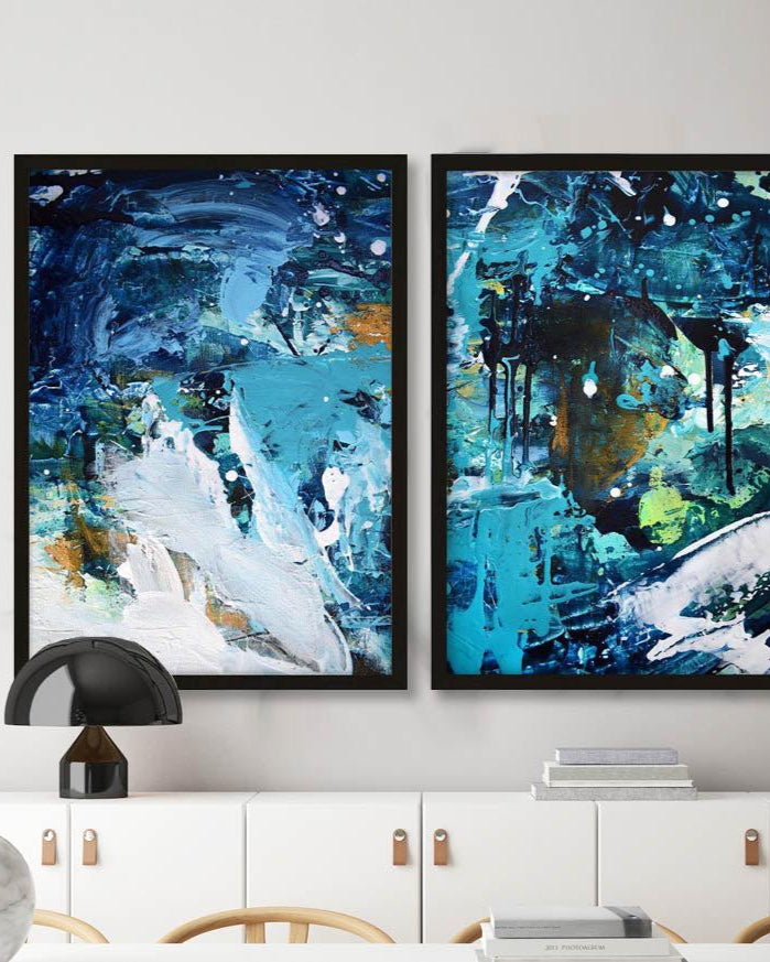 Abstract Teal and Gold Texture Print Set of 2 - Modern Wall Art for Living Room, Bedroom & Office Decor
