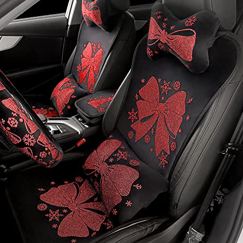 2pcs Luxury Rhinestone Diamond Bow Car Seat Covers - Universal Fit Plush Backrest Cushion Protector (Red) | Pomelo Litchi Pitaya Design | Perfect for Sedans, SUVs & Luxury Vehicle Interior Decoration