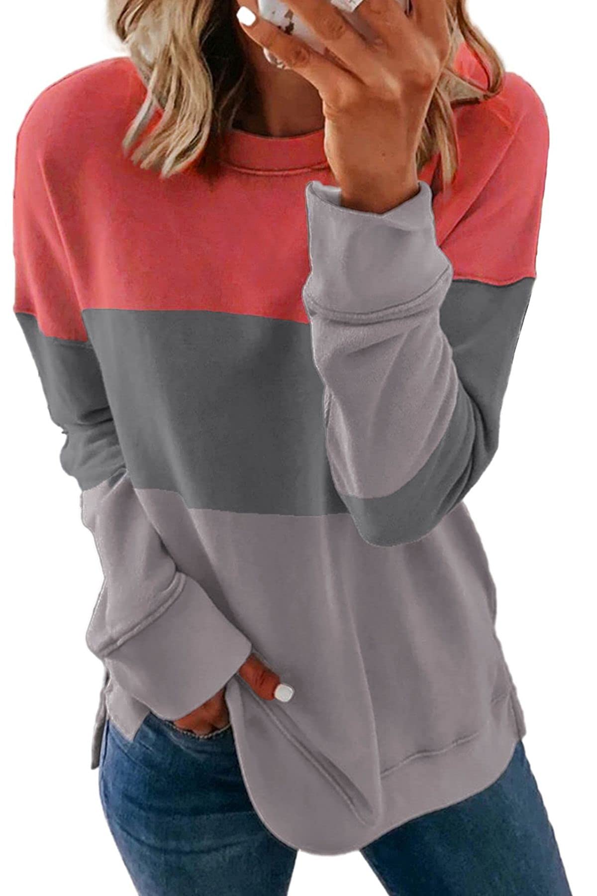 KINSWT Women's Long Sleeve Striped Crewneck Sweatshirt - Side Split Pullover Top for Casual Wear & Loungewear | Perfect for Fall & Winter Outfits