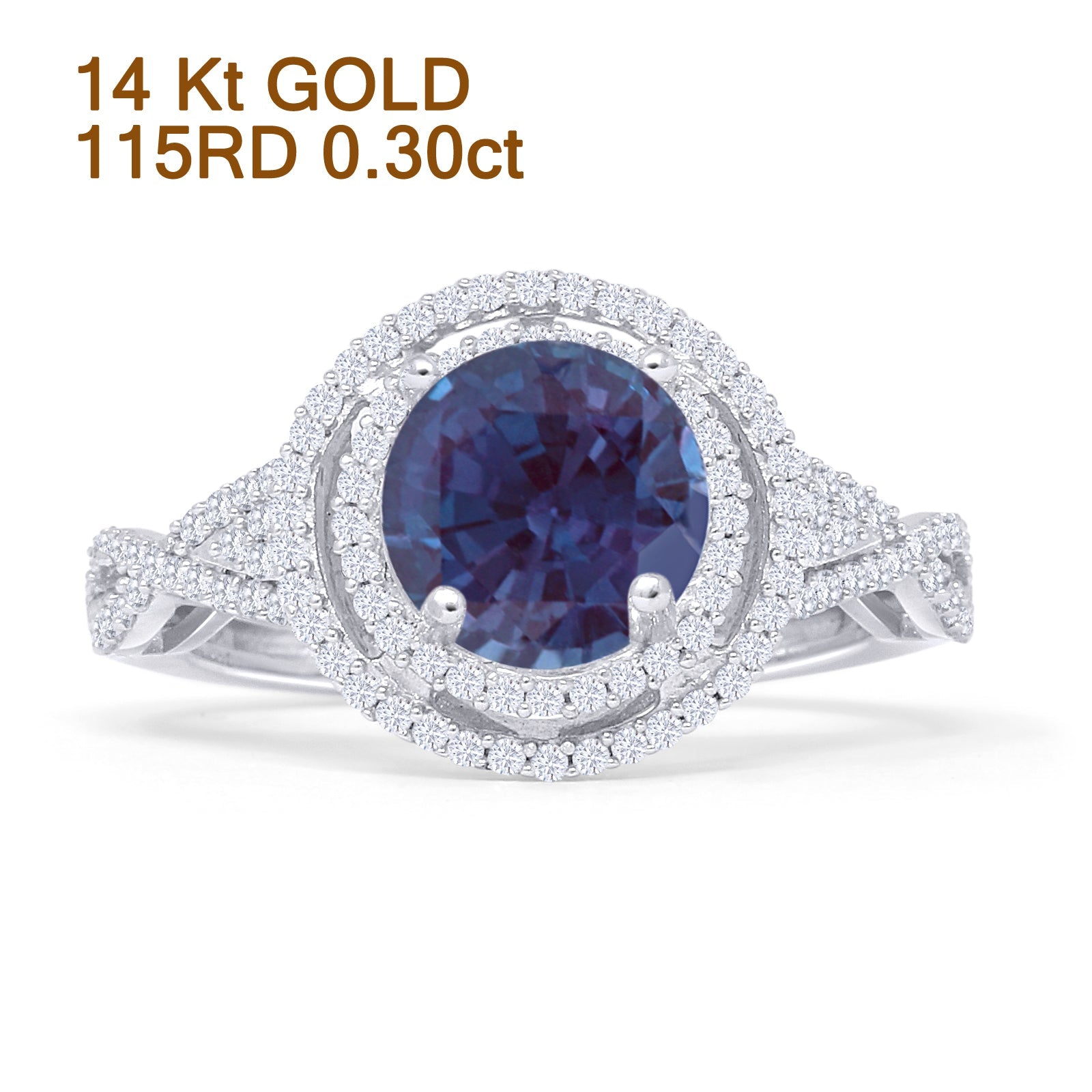 14K White Gold Round Halo Lab Alexandrite Twisted Split Shank Diamond Engagement Ring for Women | Elegant Wedding, Anniversary & Promise Jewelry Gift
