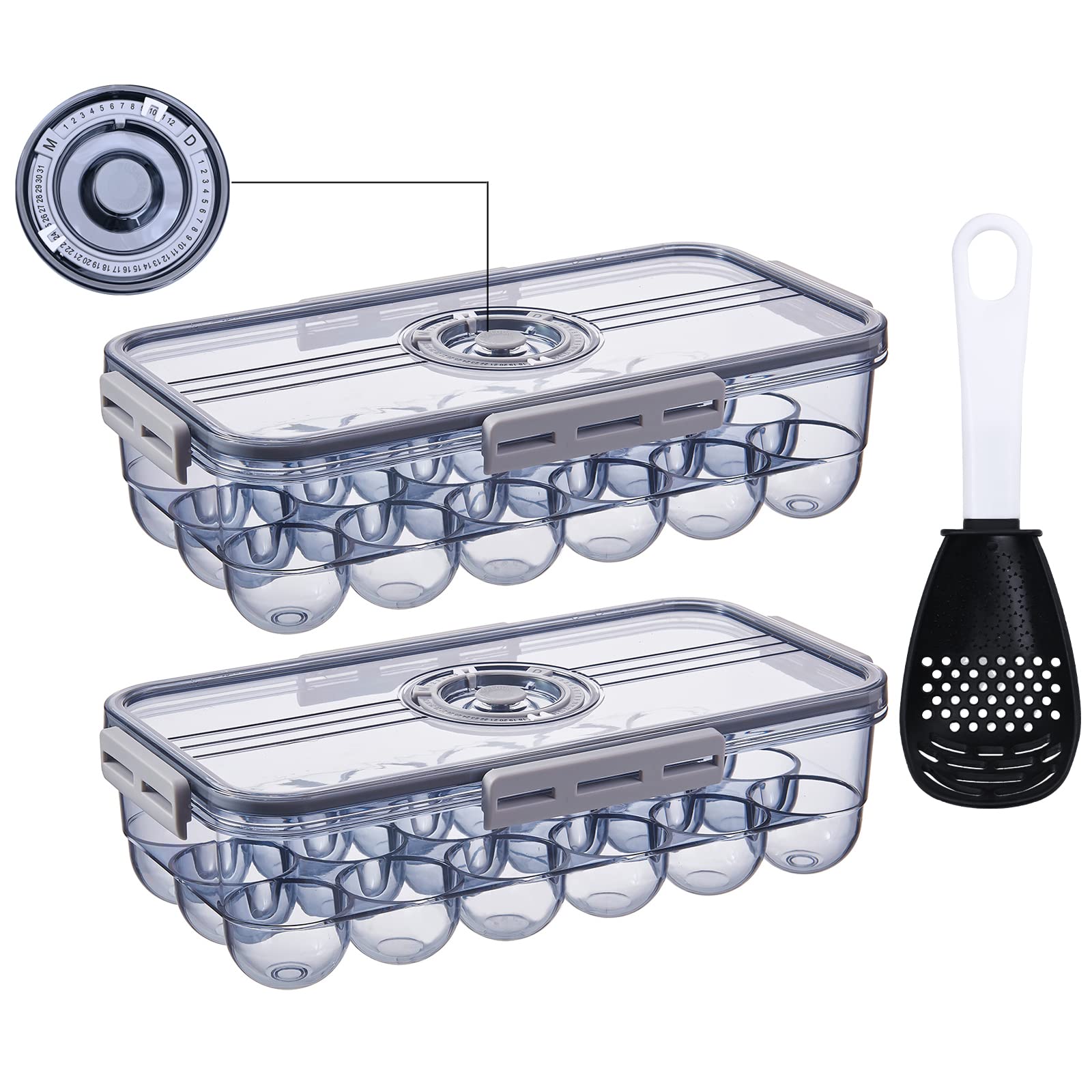 JMSWENJUAN 18-Count Clear Plastic Egg Storage Container with Lid & Time Tracker – Refrigerator Egg Organizer Tray for Freshness – Perfect for Kitchen, Camping & Meal Prep (Pack of 2)