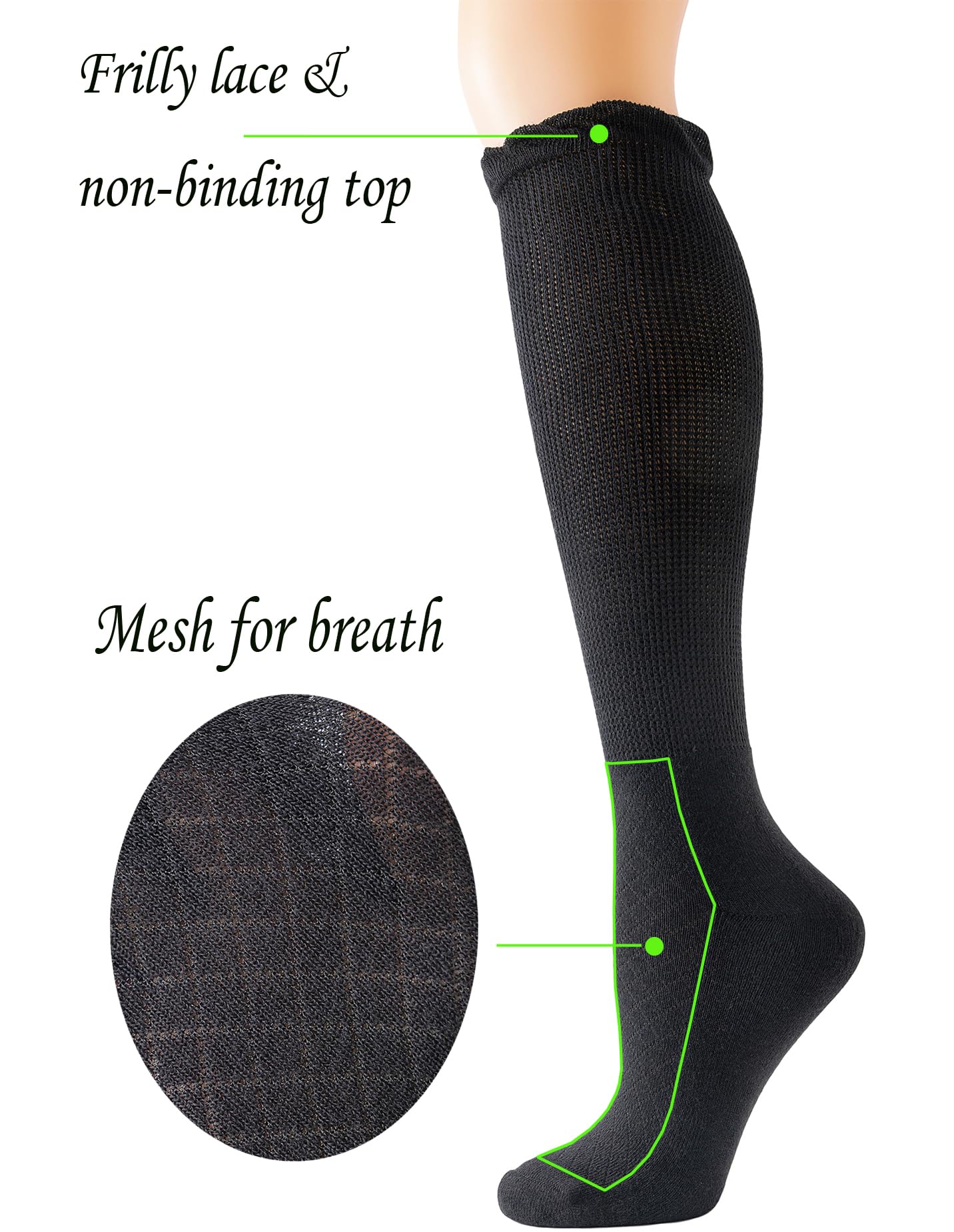 Yomandamor 4 Pairs Women's Diabetic Knee-High Seamless Socks - Black, Long Lace Non-Binding Socks for Circulation (Size 9-11) - Perfect for Diabetes, Swelling & Comfort All Day