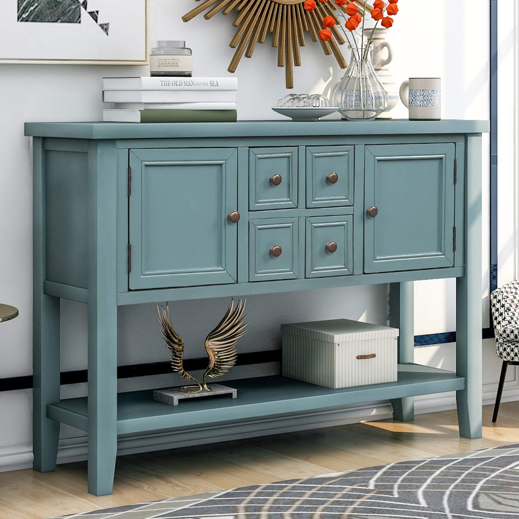 Dark Blue Buffet Table Sofa Table Console Table with Storage Drawers & Cabinets - Multi-Purpose Sideboard for Dining Room, Living Room & Entryway Organization