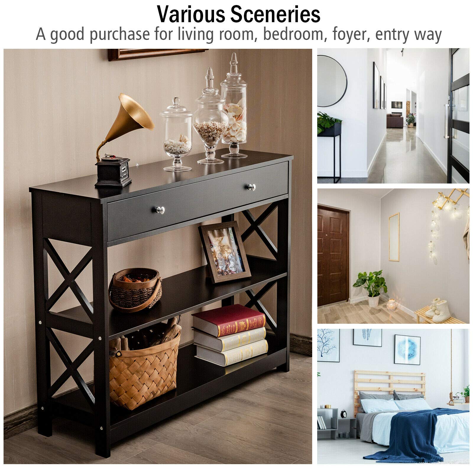 Modern Style Console Table with Storage Drawers & Shelves - Sturdy Durable Sofa Accent Desk for Living Room, Hallway, Entryway - Perfect for Home Decor & Organization (Black)