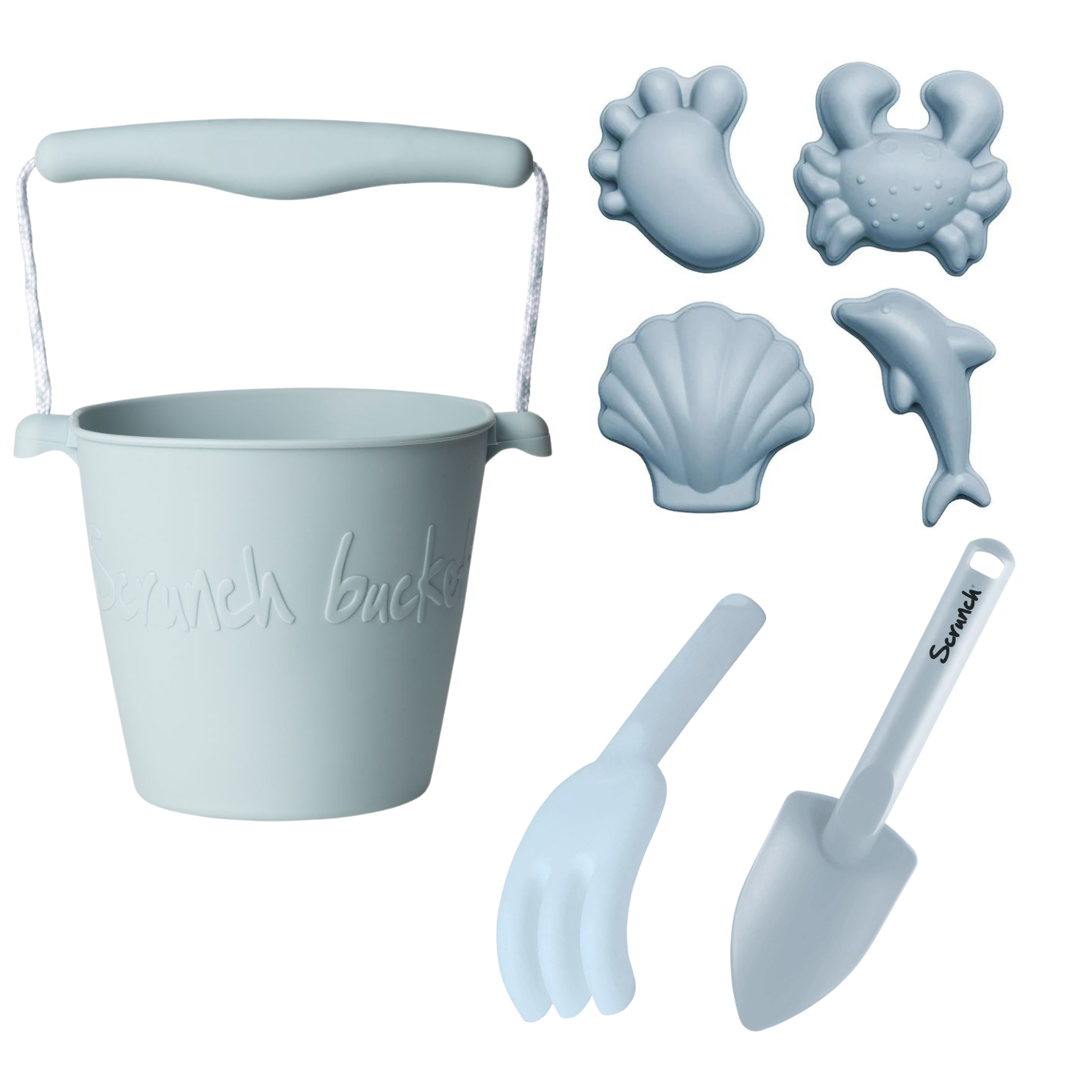 Premium Scrunch Beach Toy Set with Bucket, Spade, Rake & Sand Molds - Duck Egg Blue | Fun Sandcastle Building Kit for Kids Outdoor Beach Activities & Summer Vacation Play