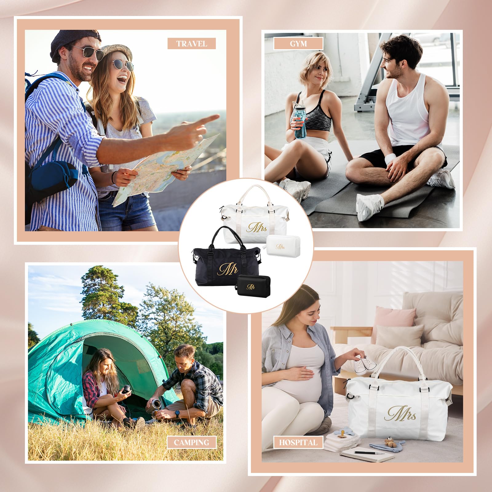 Sanwuta 4-Piece Wedding Duffel Bag Set - Mr & Mrs Honeymoon Travel Bags with Toiletry Pouches, His & Hers Weekender Gym Tote for Couples - Perfect for Bridal Shower Gifts, Romantic Getaways & Couples Travel Accessories