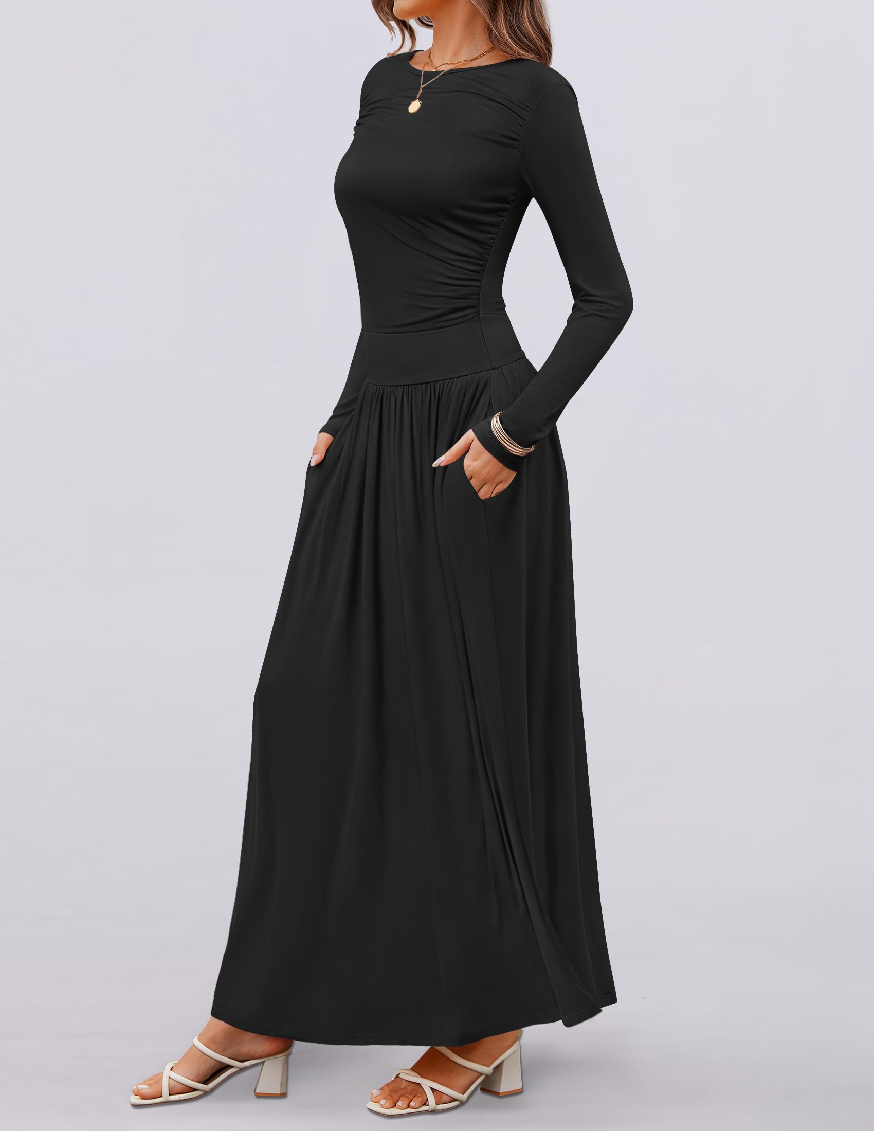 ZESICA Women's Long Sleeve Maxi Dress 2025 - Crewneck Knit Casual Swing Dress with Pockets & Pleated Details | Spring Summer Slim Fit Midi Dress for Beach, Party & Everyday Wear