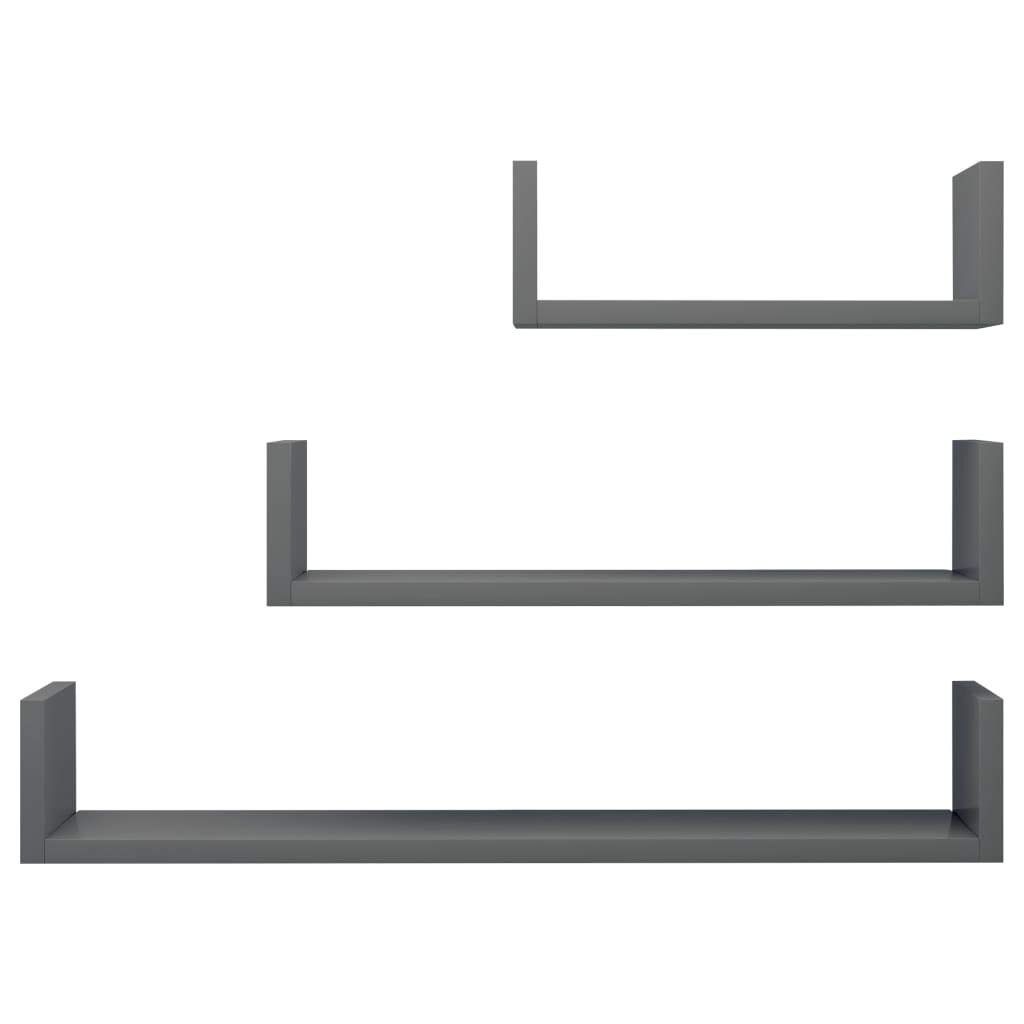 3-Pack Floating Wall Shelves Set - High Gloss Gray Chipboard Wall Mounted Display Shelves for Bedroom, Living Room & Office Decor - Perfect for Books, Photos & Decorative Items