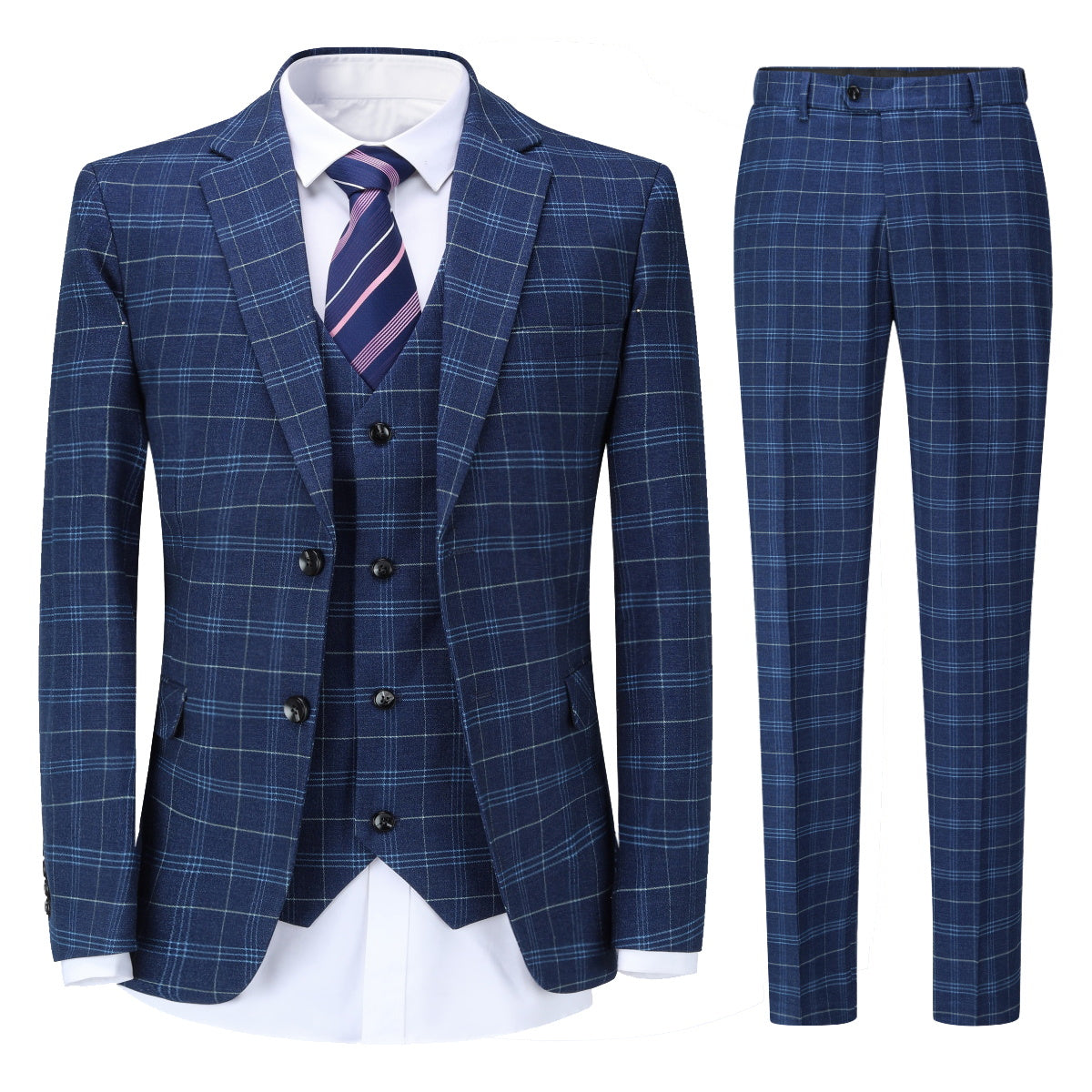 3-Piece Slim Fit Vintage Plaid Navy Suit for Men - Perfect for Weddings, Business Meetings & Formal Events