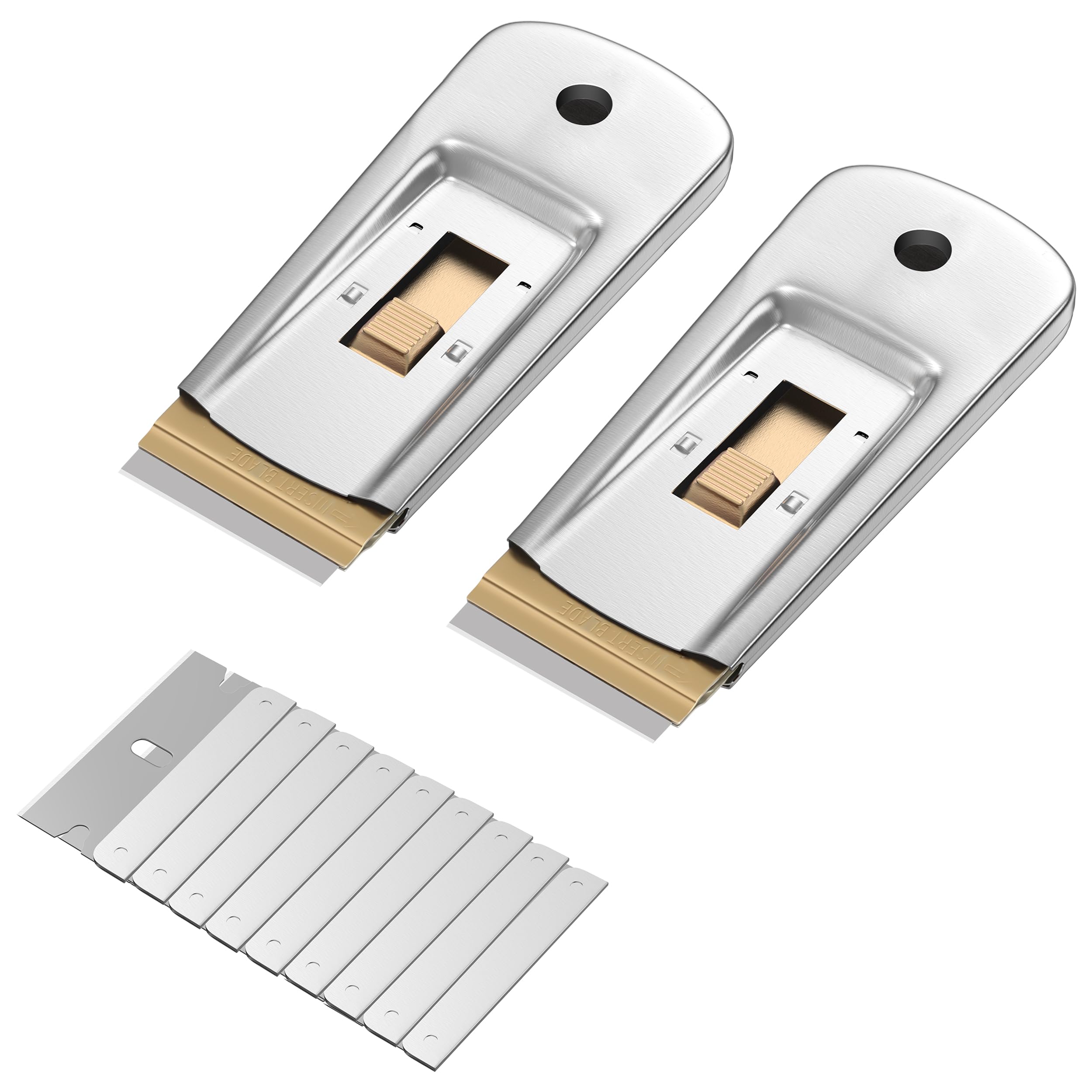 Bates Heavy Duty Metal Razor Blade Scraper - 2 Pack with 30 Extra Blades - Professional Glass & Window Scraper Tool - Multi-Surface Cleaning Scraper for Home, Office & Auto Use